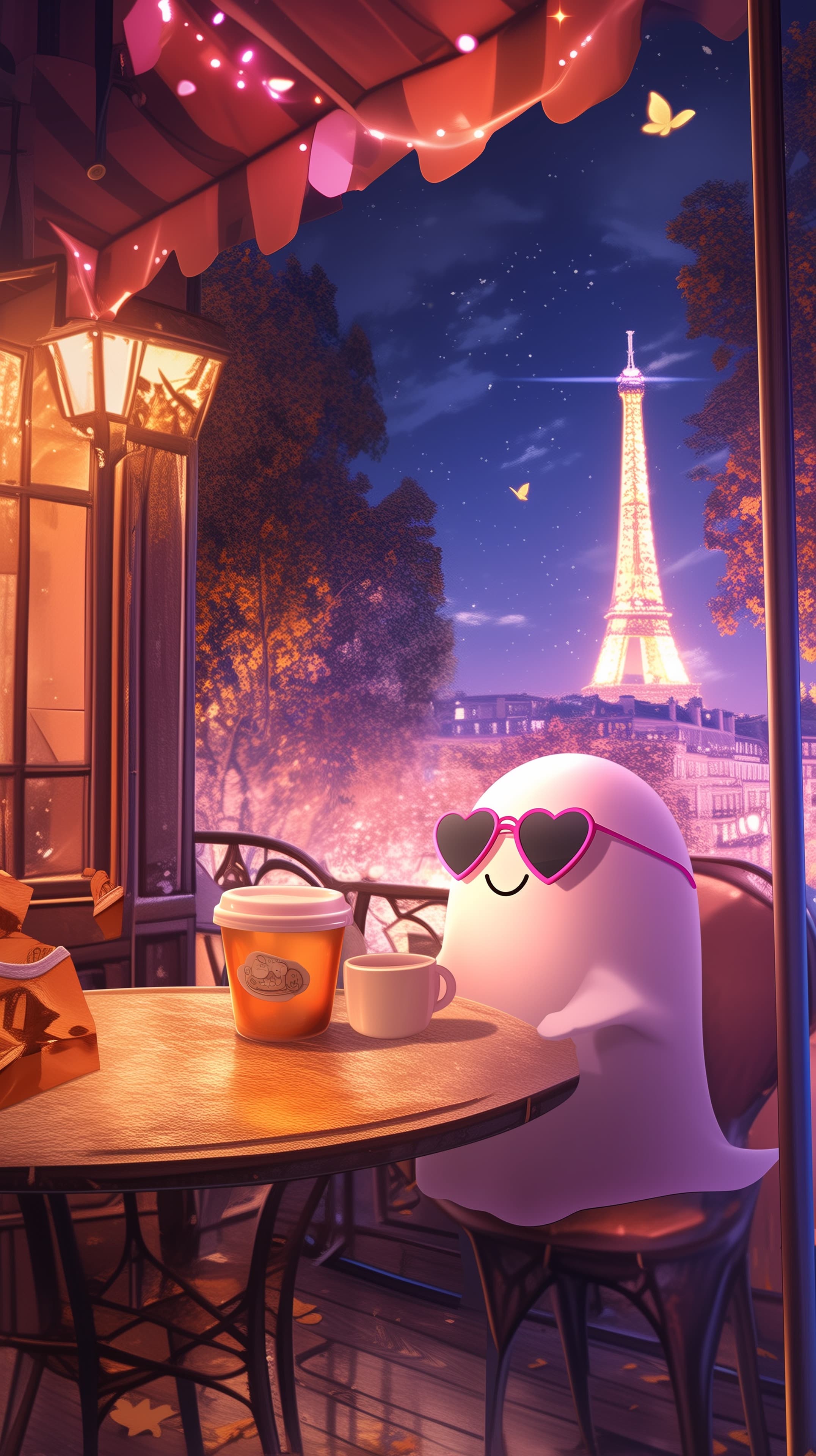 Whimsical Ghost at a Night Café with Heart Sunglasses - High Resolution cafe Wallpaper for Mobile and Desktop