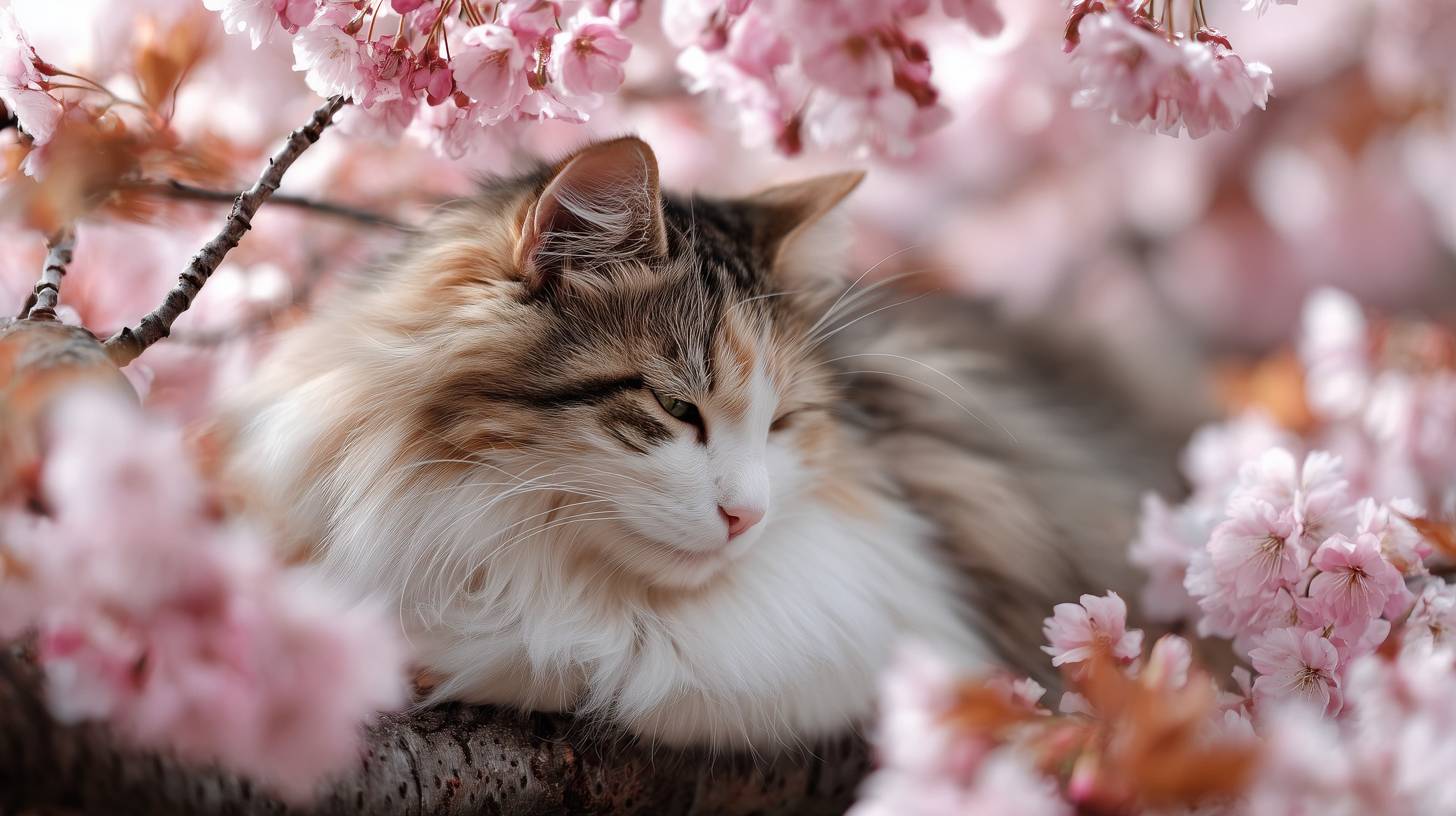 Tranquil Fluffy Cat Resting Among Soft Pink Cherry Blossoms - High Resolution cat Wallpaper for Mobile and Desktop