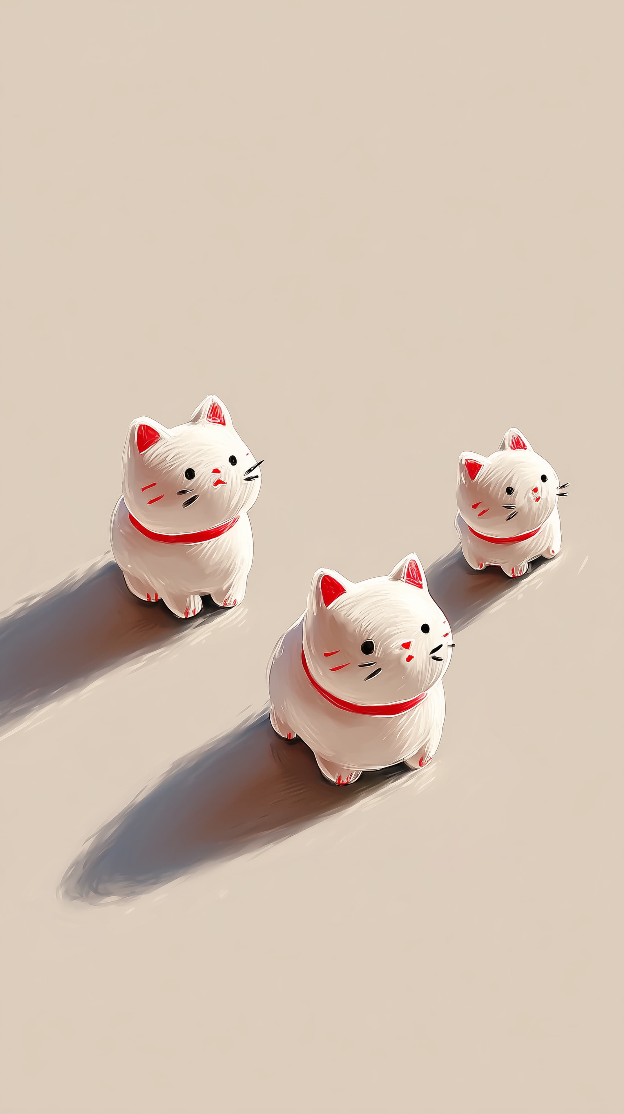 Whimsical White Cat Figurines in Red Collars Wallpaper - High Resolution beige-background Wallpaper for Mobile and Desktop