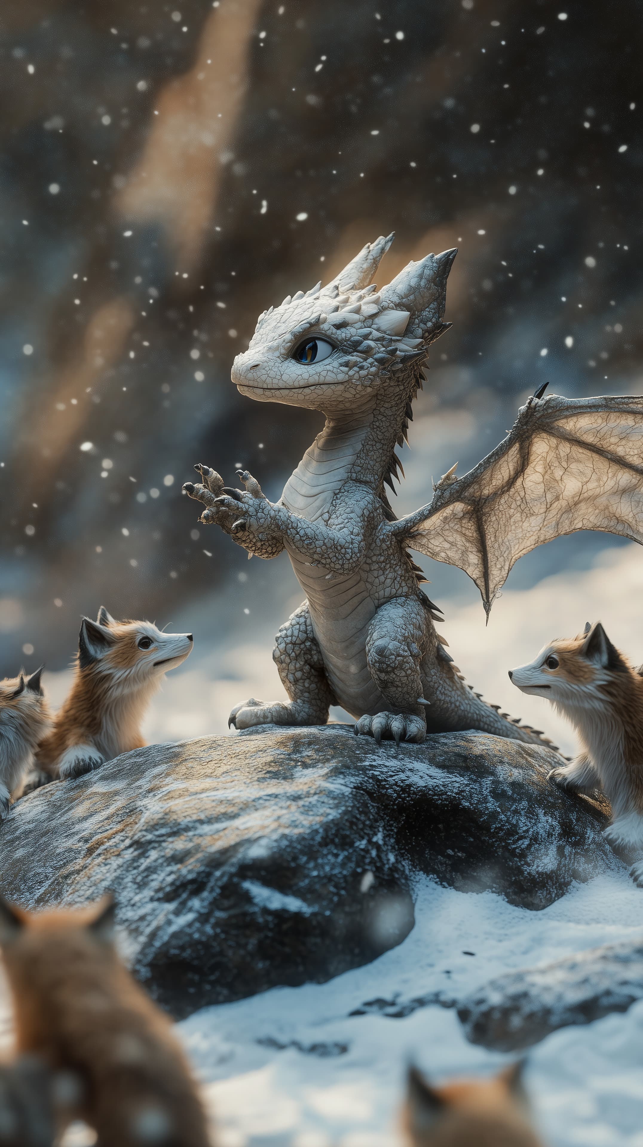 Whimsical Snowy Dragon with Foxes in a Fantasy Vista - High Resolution dragon Wallpaper for Mobile and Desktop