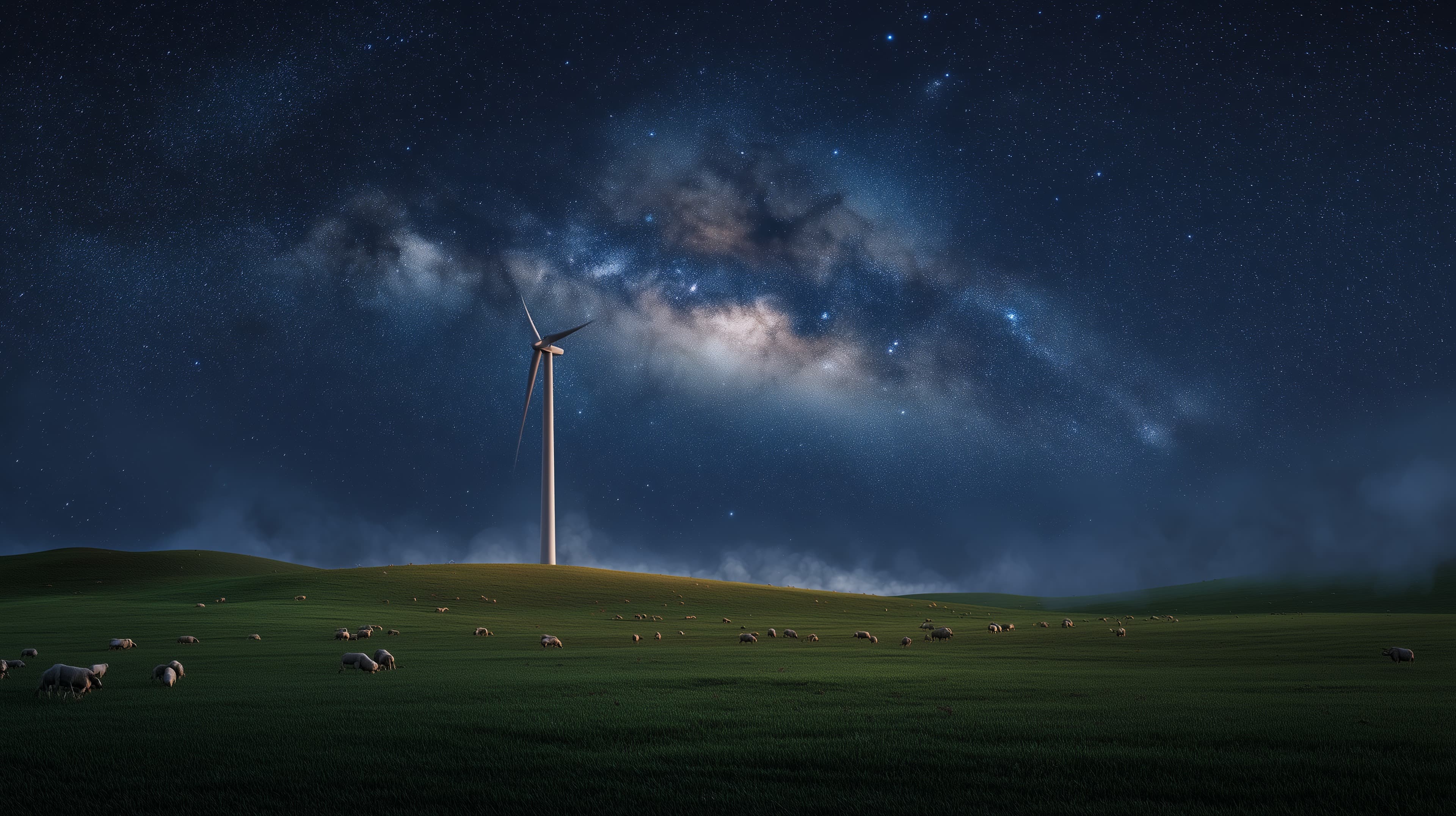 Night Sky Over Wind Turbine Field: Starry Milky Way Landscape - High Resolution dark-sky Wallpaper for Mobile and Desktop