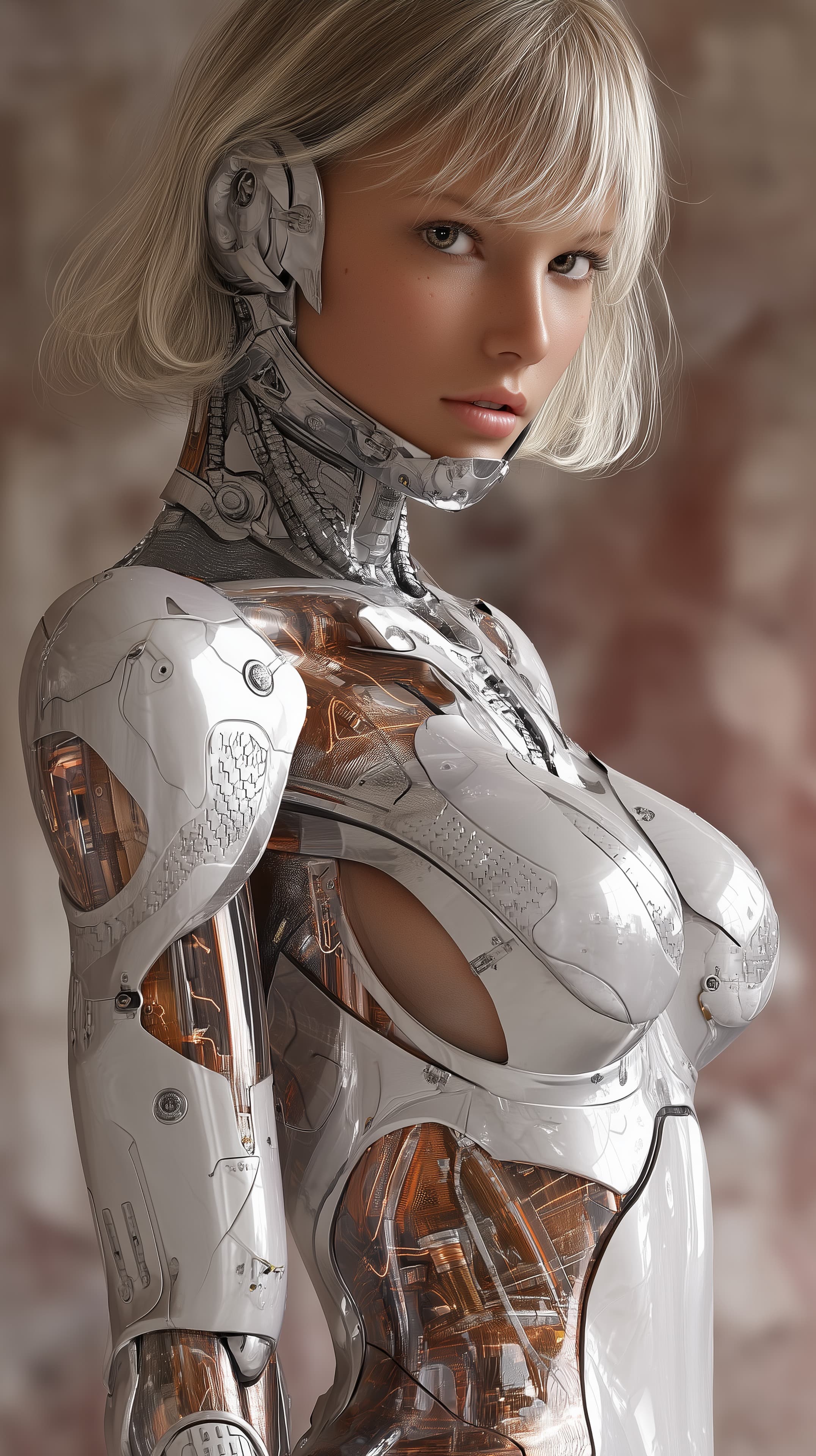 Futuristic Cybernetic Portrait in White Armor with Copper Accents - High Resolution cyborg-portrait Wallpaper for Mobile and Desktop