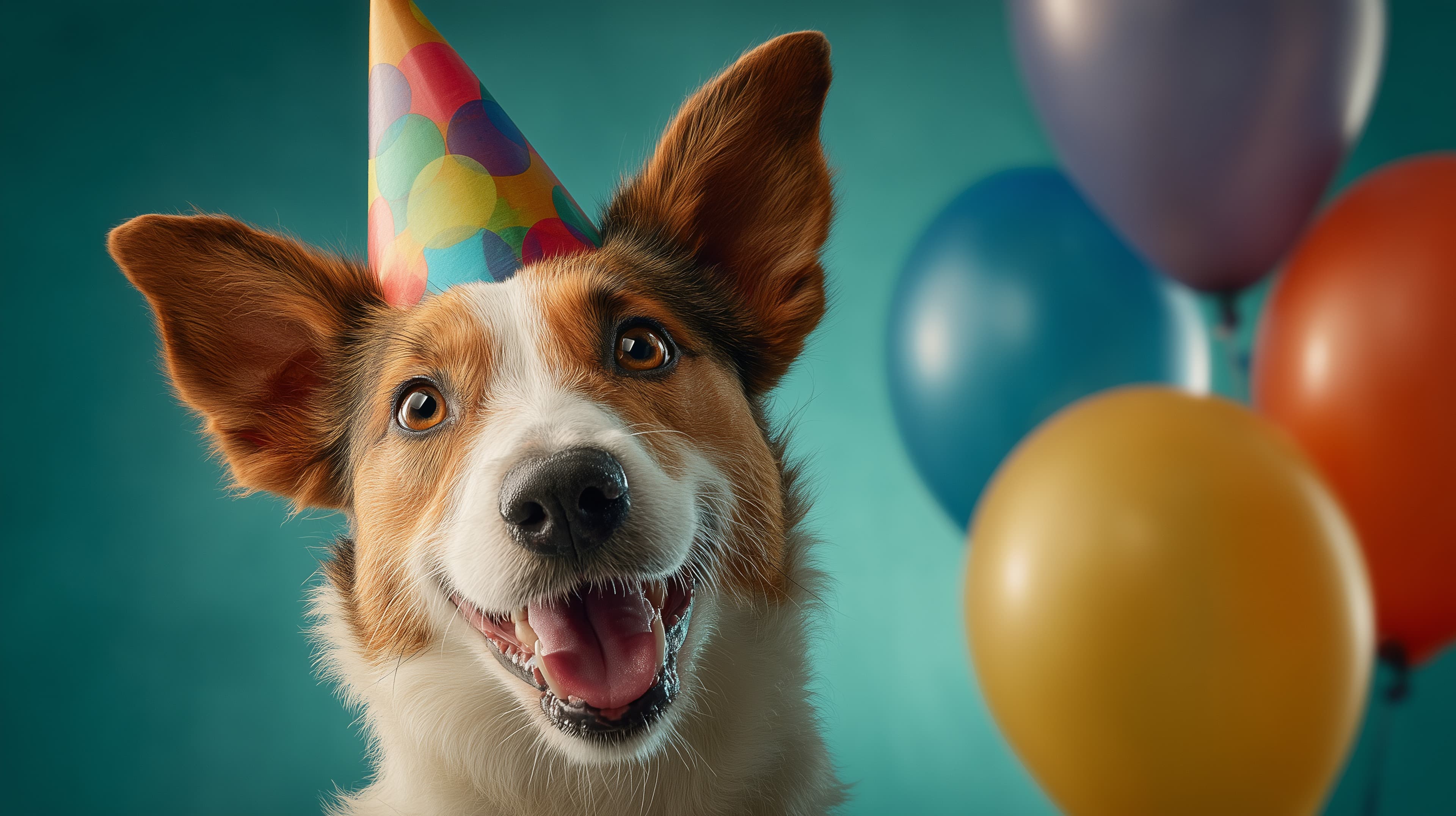 Playful party dog wallpaper with colorful balloons - High Resolution dog Wallpaper for Mobile and Desktop