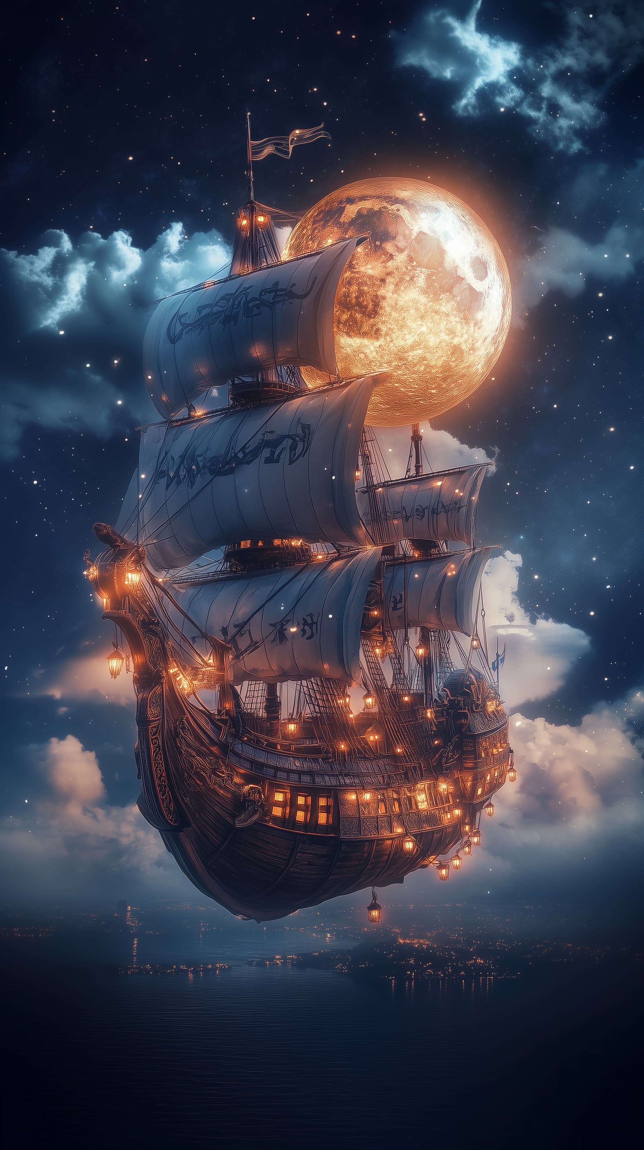 Fantasy Flying Ship Under a Moonlit Night Sky Wallpaper - High Resolution celestial-voyage Wallpaper for Mobile and Desktop