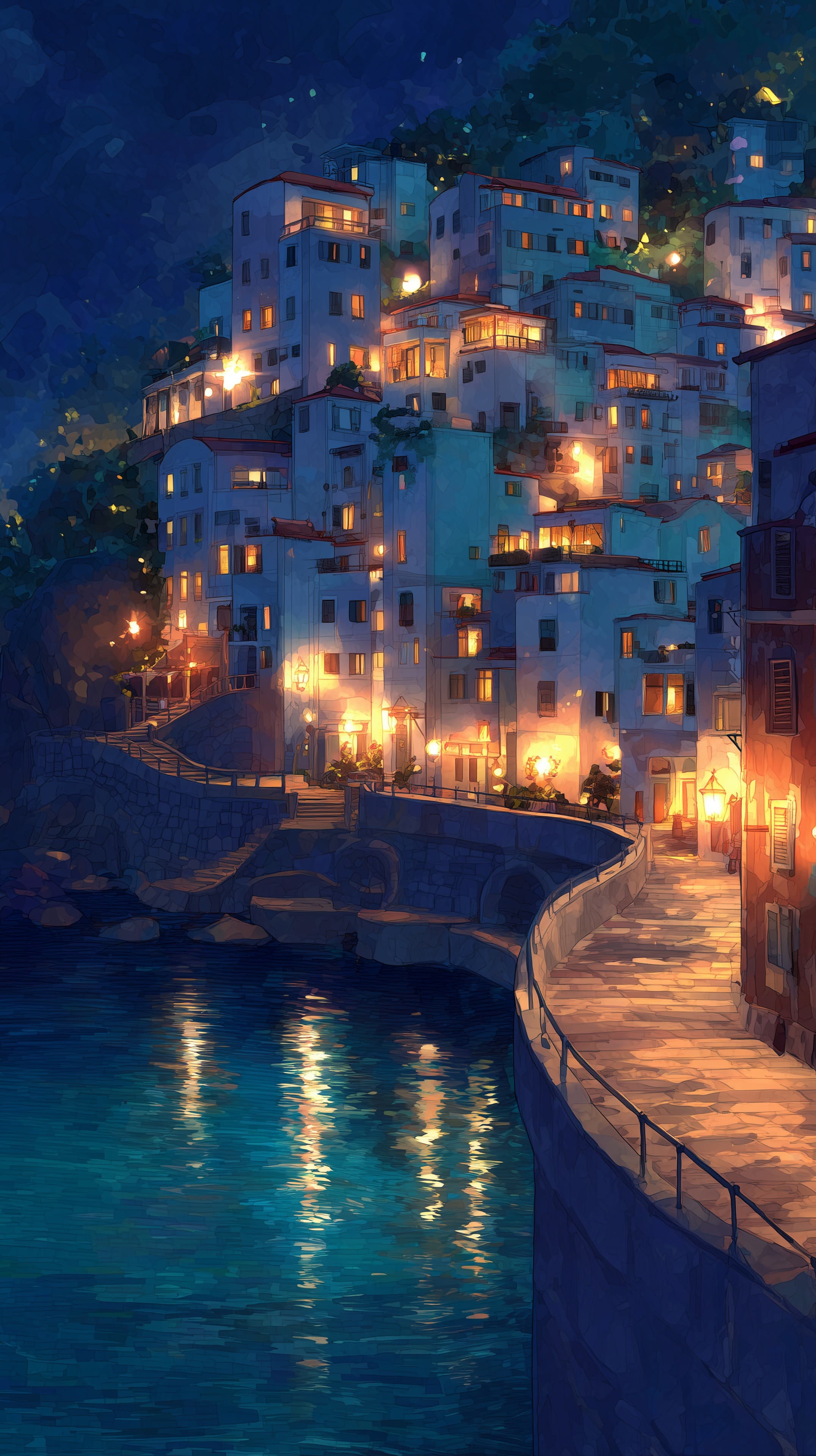 Coastal hillside town at dusk with warm lights by the sea - High Resolution art-illustration Wallpaper for Mobile and Desktop
