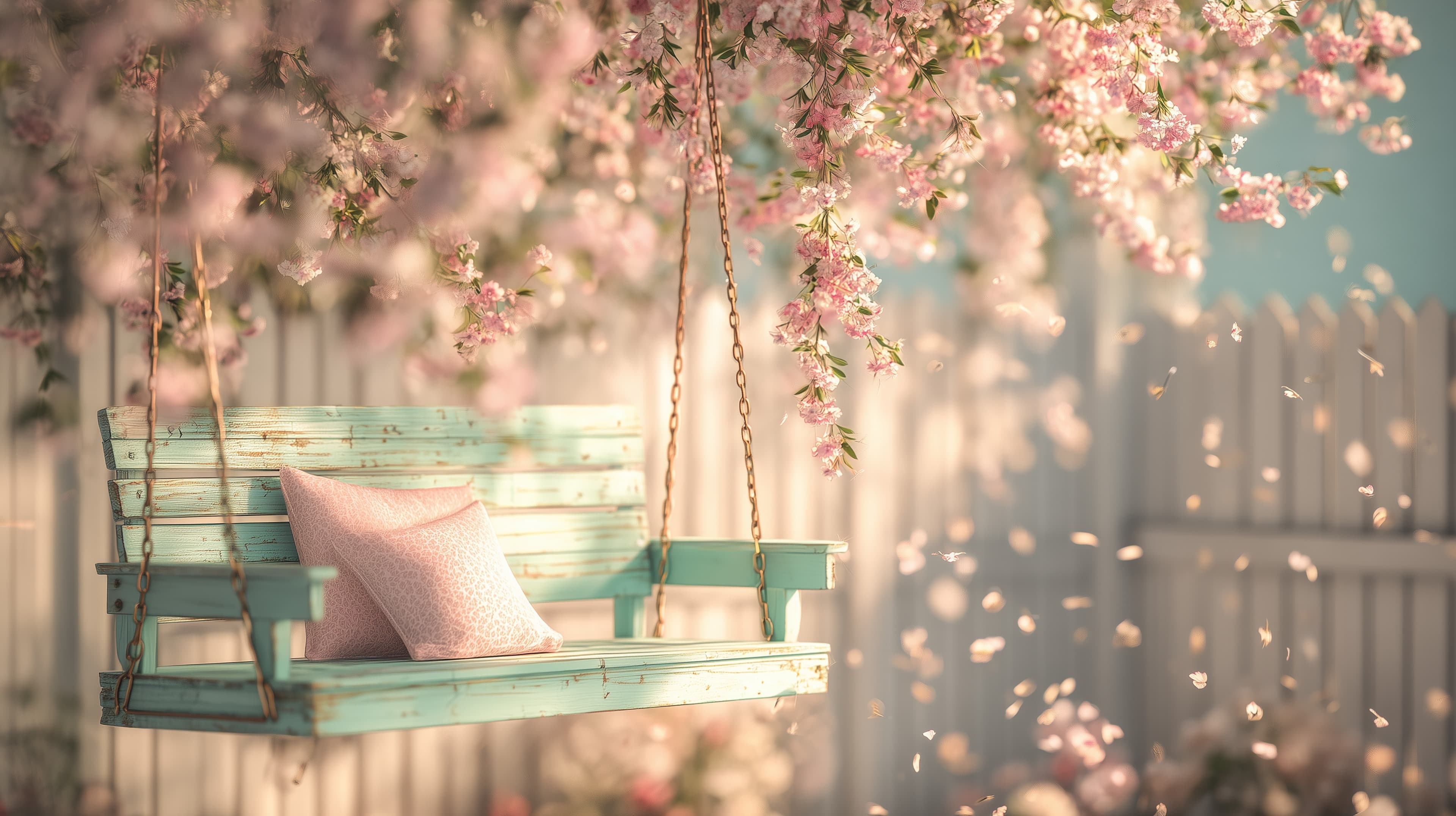 Pastel Garden Swing Under Blooming Cherry Blossom Canopy - High Resolution dreamy-light Wallpaper for Mobile and Desktop