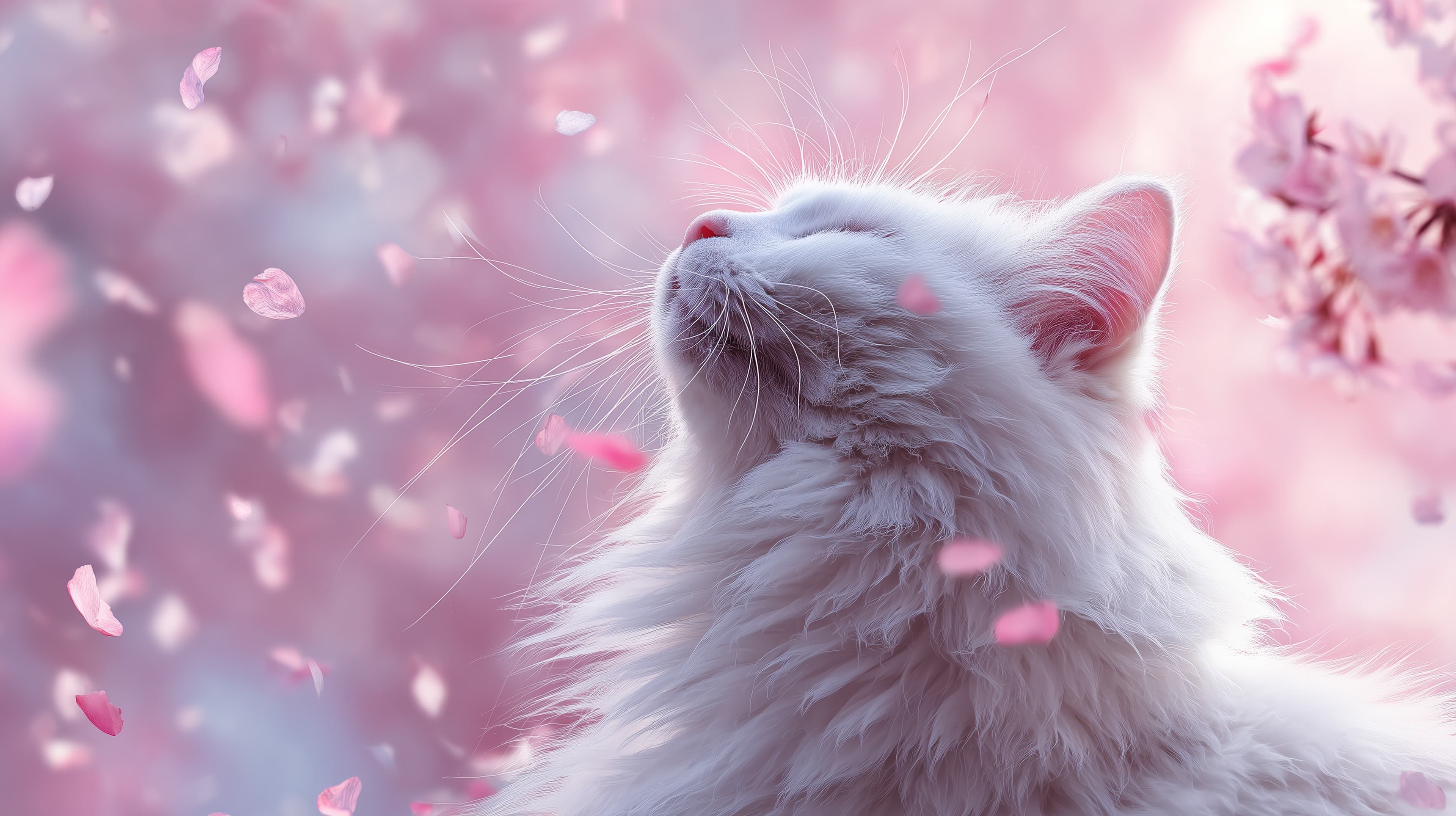 Dreamy Pink Petal Cat Wallpaper - Soft Pastel Fluffy Feline - High Resolution cat Wallpaper for Mobile and Desktop