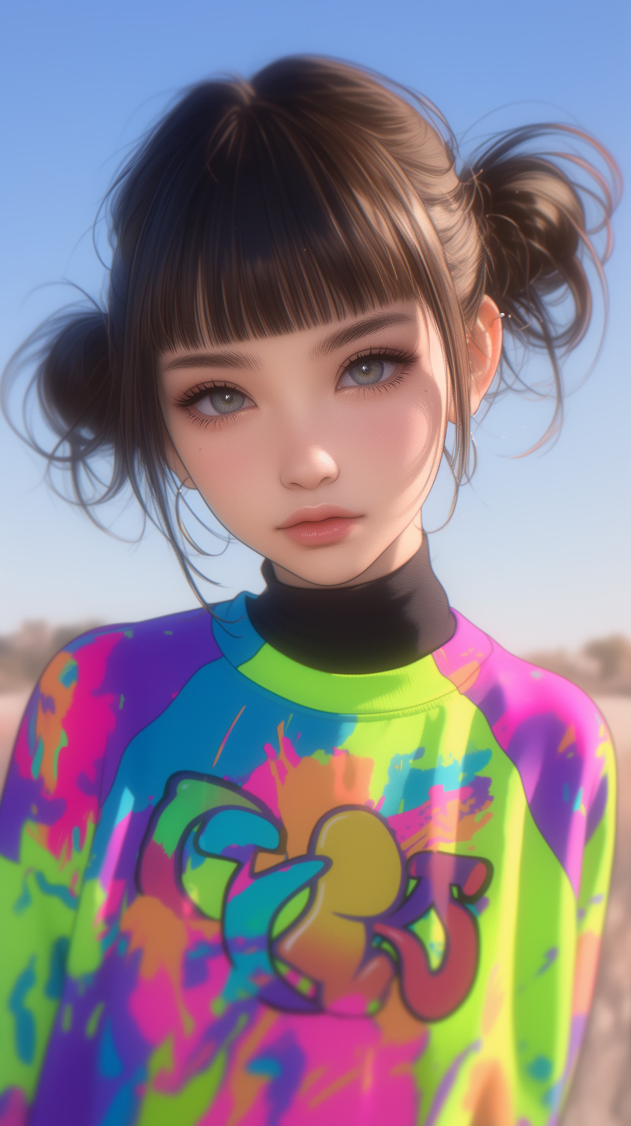 Dreamy Neon Tie-Dye Portrait in Anime Style for Desktop Wallpapers - High Resolution anime-illustration Wallpaper for Mobile and Desktop