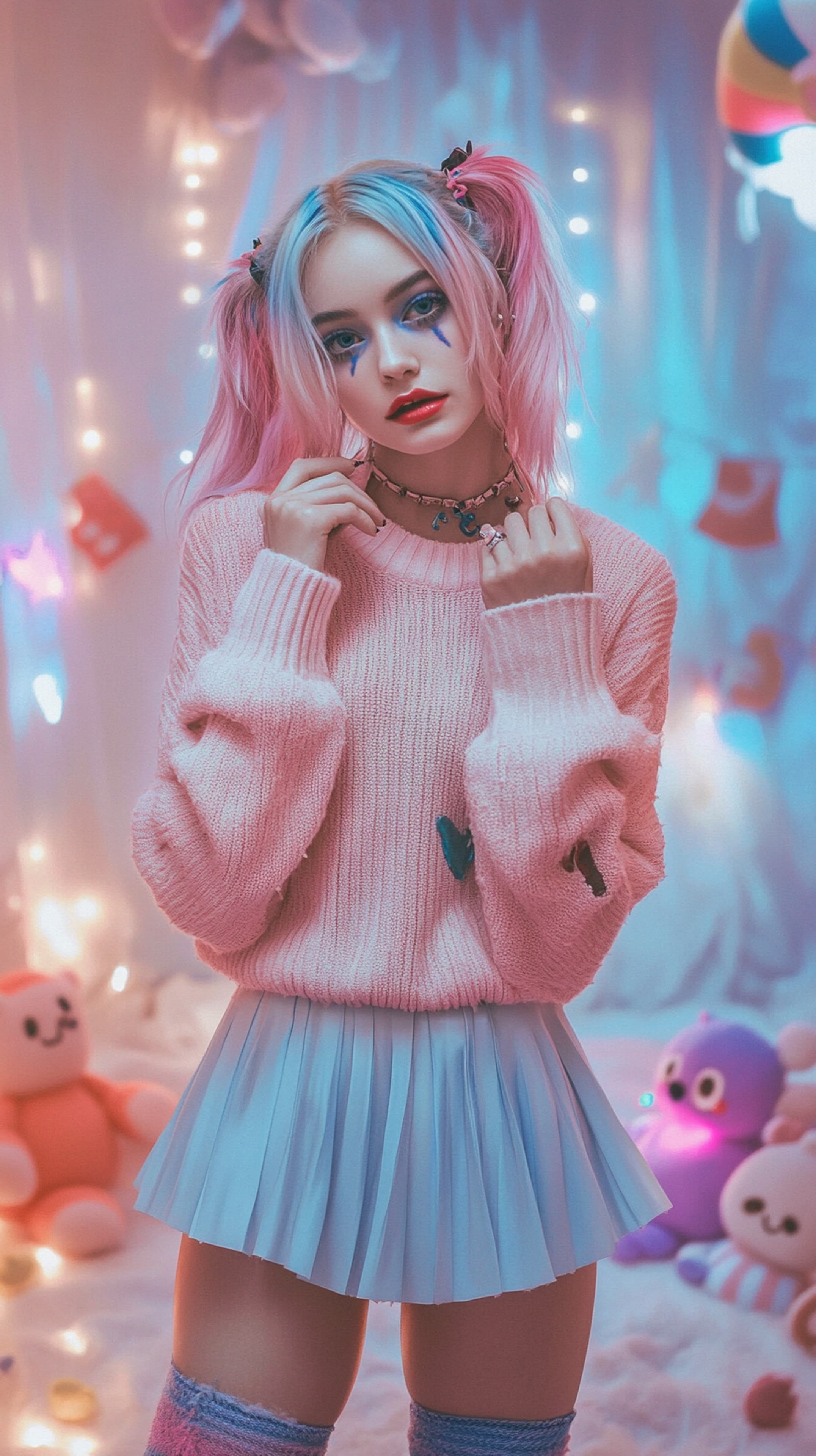 Pastel Kawaii Portrait: Plush Bear Toy & Soft Neon Glow - High Resolution anime-inspired Wallpaper for Mobile and Desktop