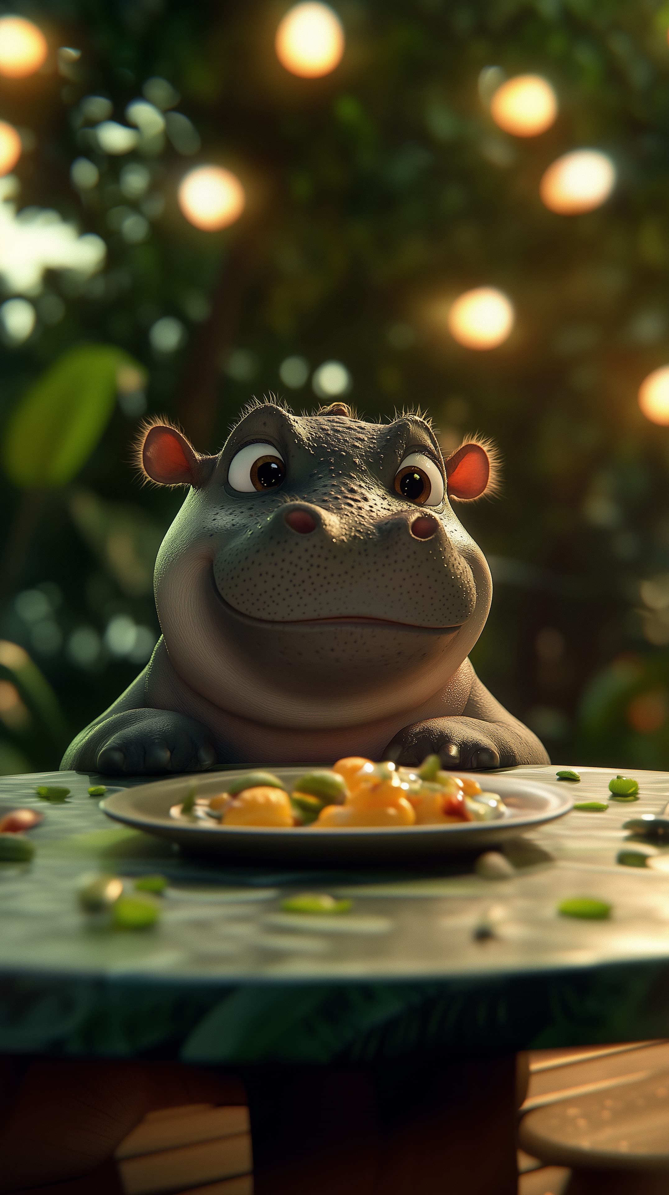 Whimsical 3D Hippo Dines Under Golden Fairy Lights - High Resolution 3d-art Wallpaper for Mobile and Desktop