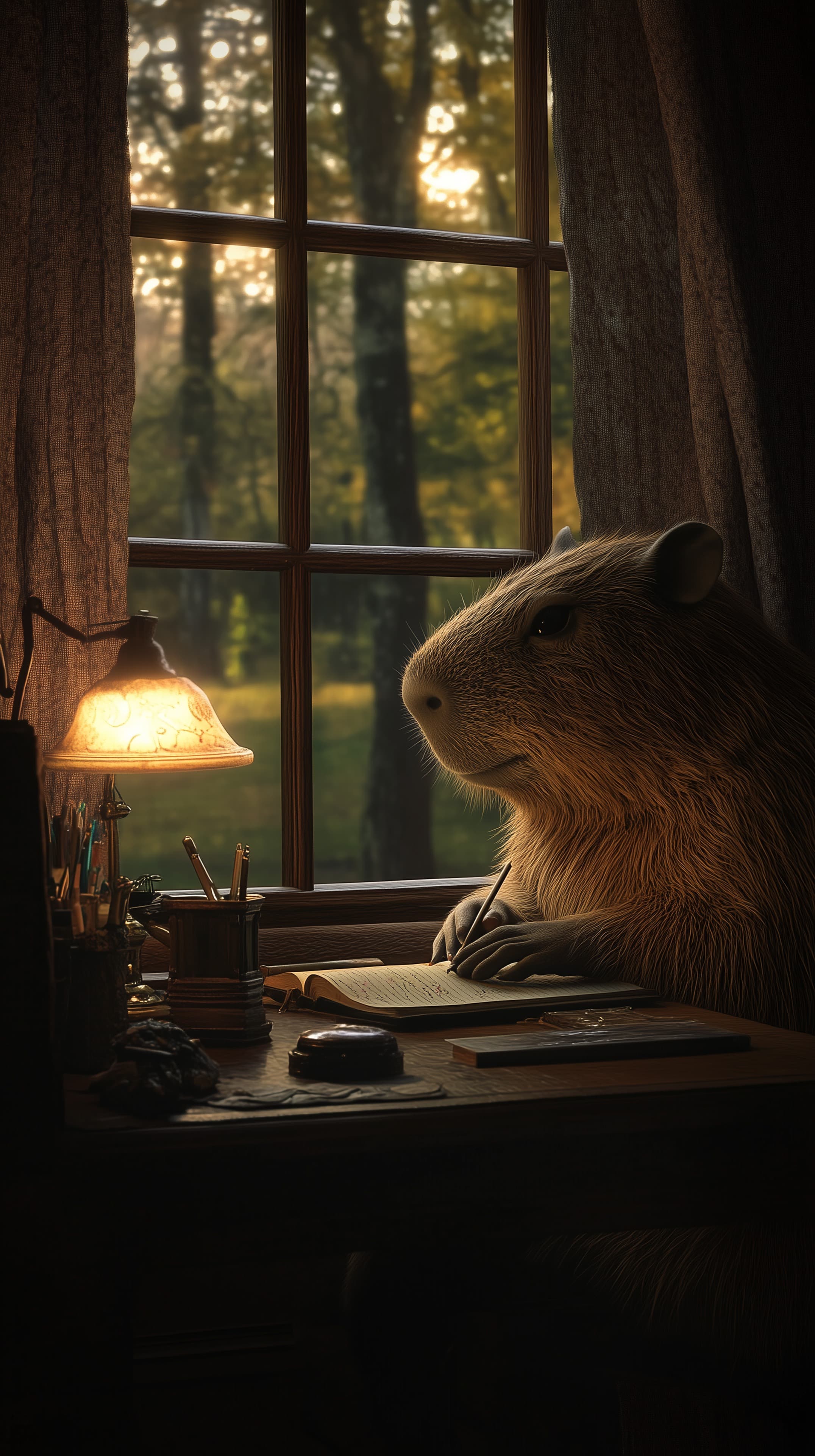 Cozy Desk Scene: Writing Rodent at Golden Sunset Window - High Resolution animal-desk Wallpaper for Mobile and Desktop