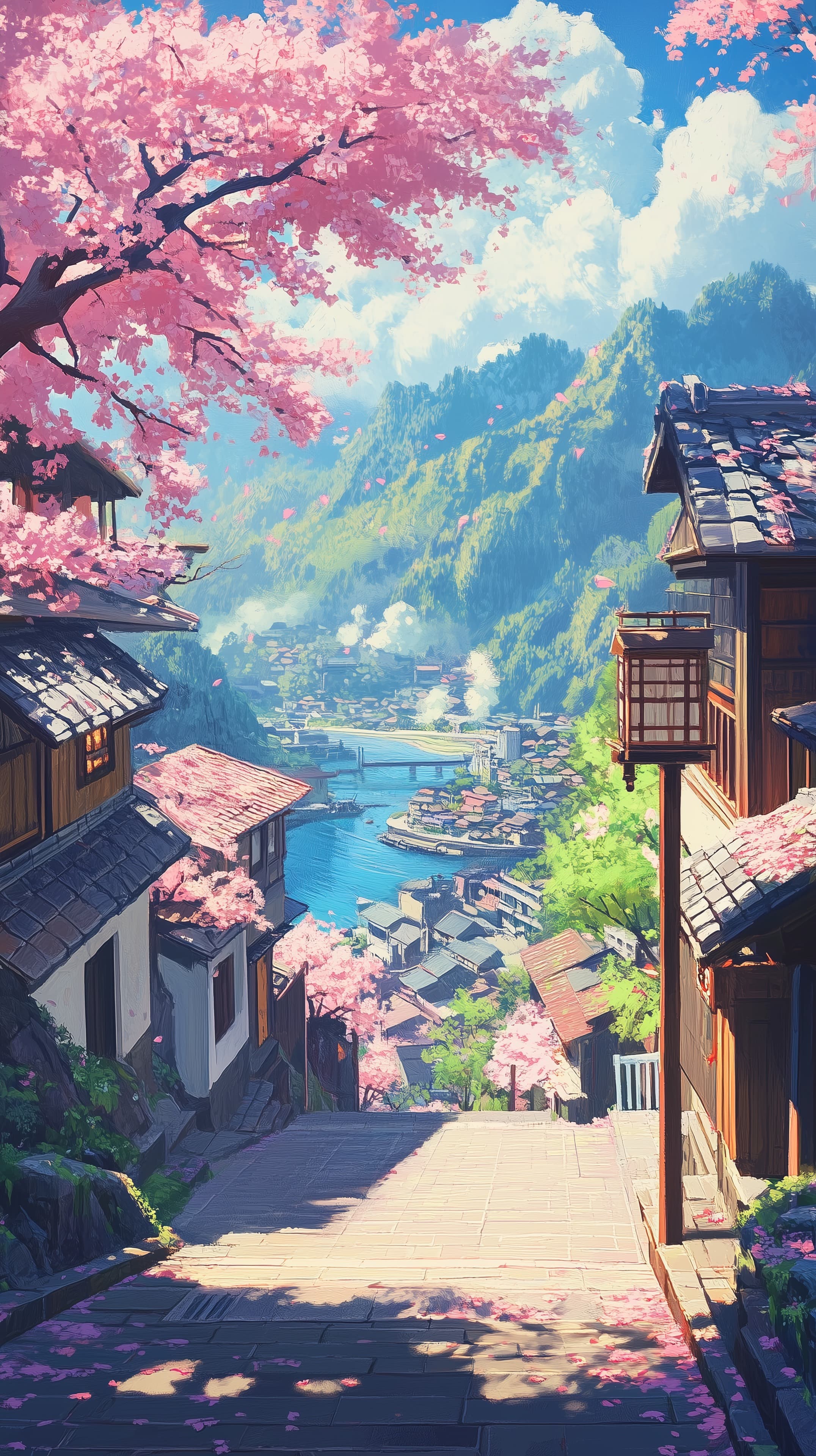 Pastel Cherry Blossom Village Wallpaper - Serene Mountain Town - High Resolution anime-style Wallpaper for Mobile and Desktop
