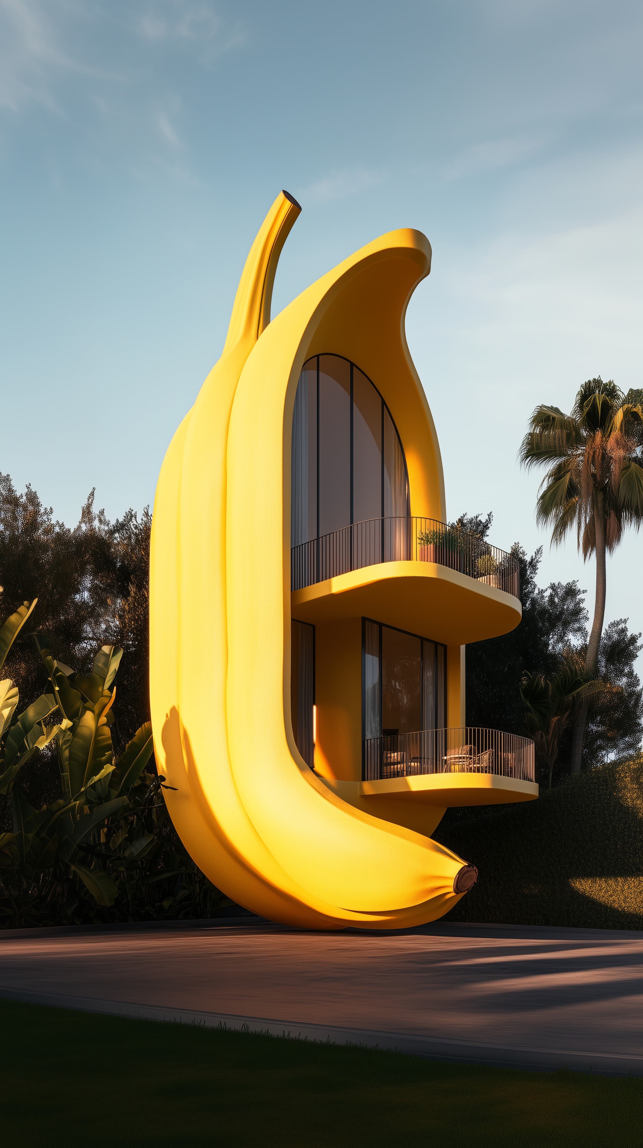 Banana-Shaped Modern House: Bright Yellow Curved Architecture - High Resolution balconies Wallpaper for Mobile and Desktop