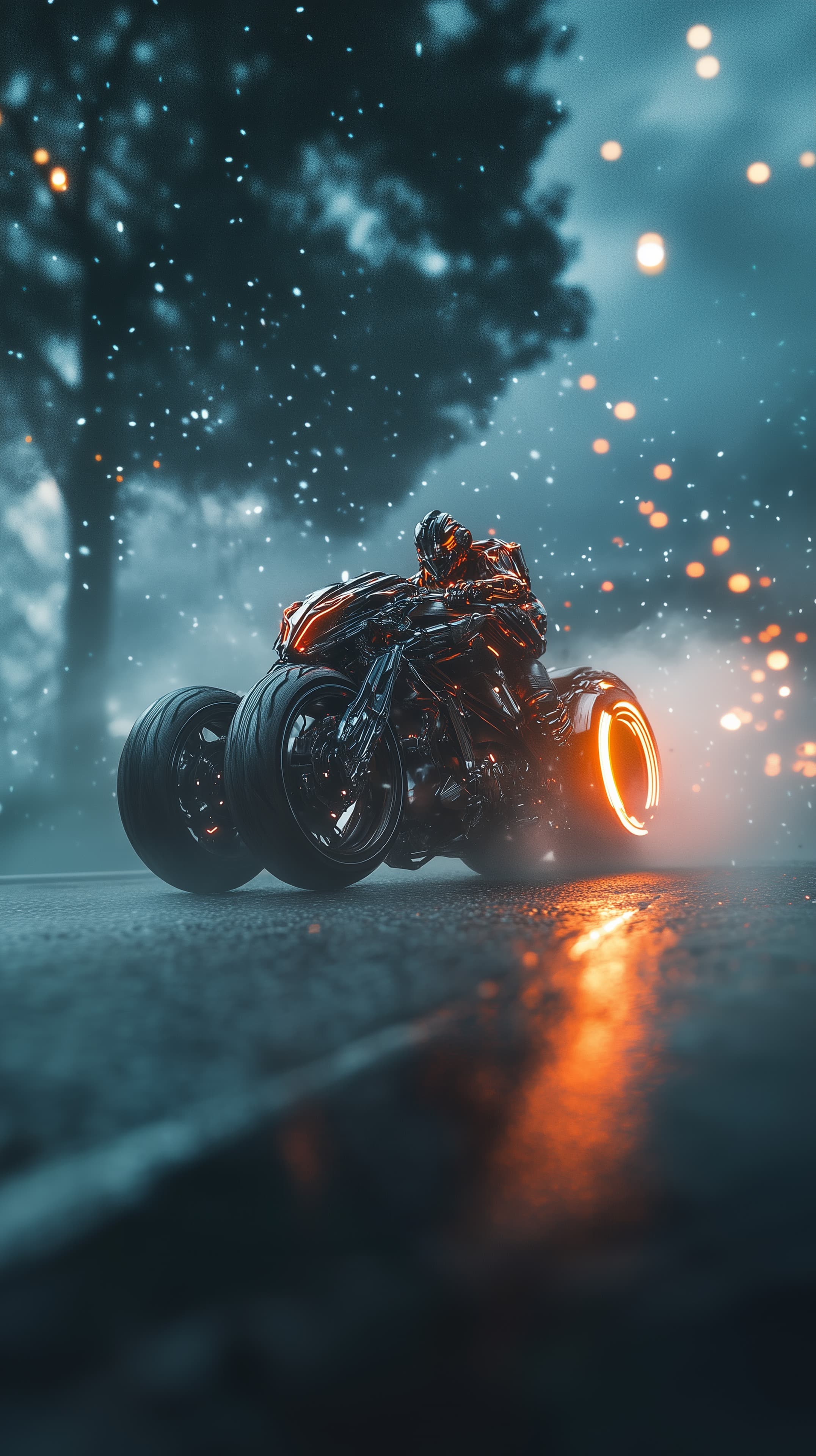 Futuristic Neon Motorcycle on Rainy Night - Techno Wallpaper - High Resolution bokeh-lights Wallpaper for Mobile and Desktop