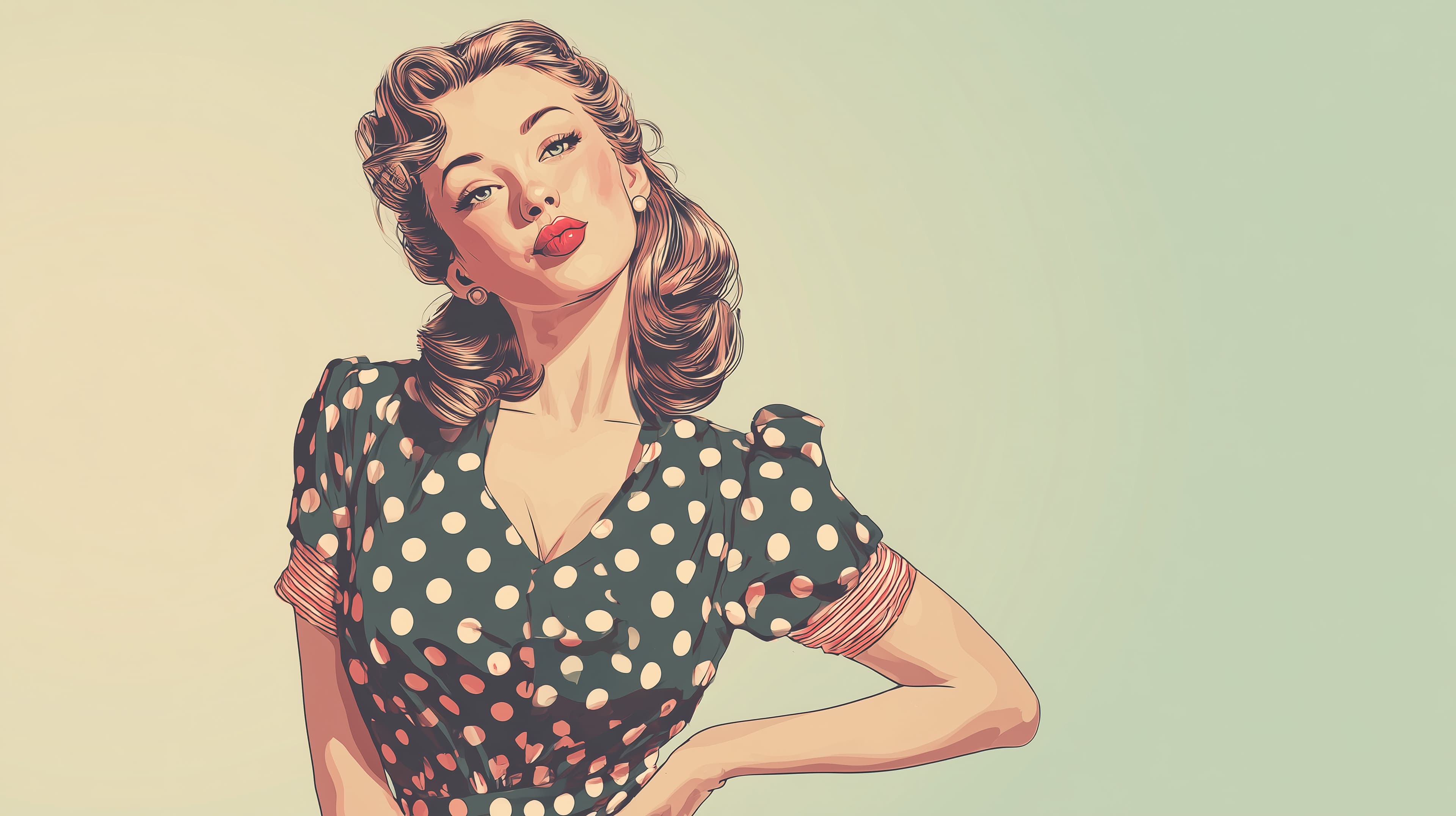 Retro Pin-Up Style Woman in Polka Dot Dress – Vintage Wallpaper - High Resolution art-print Wallpaper for Mobile and Desktop