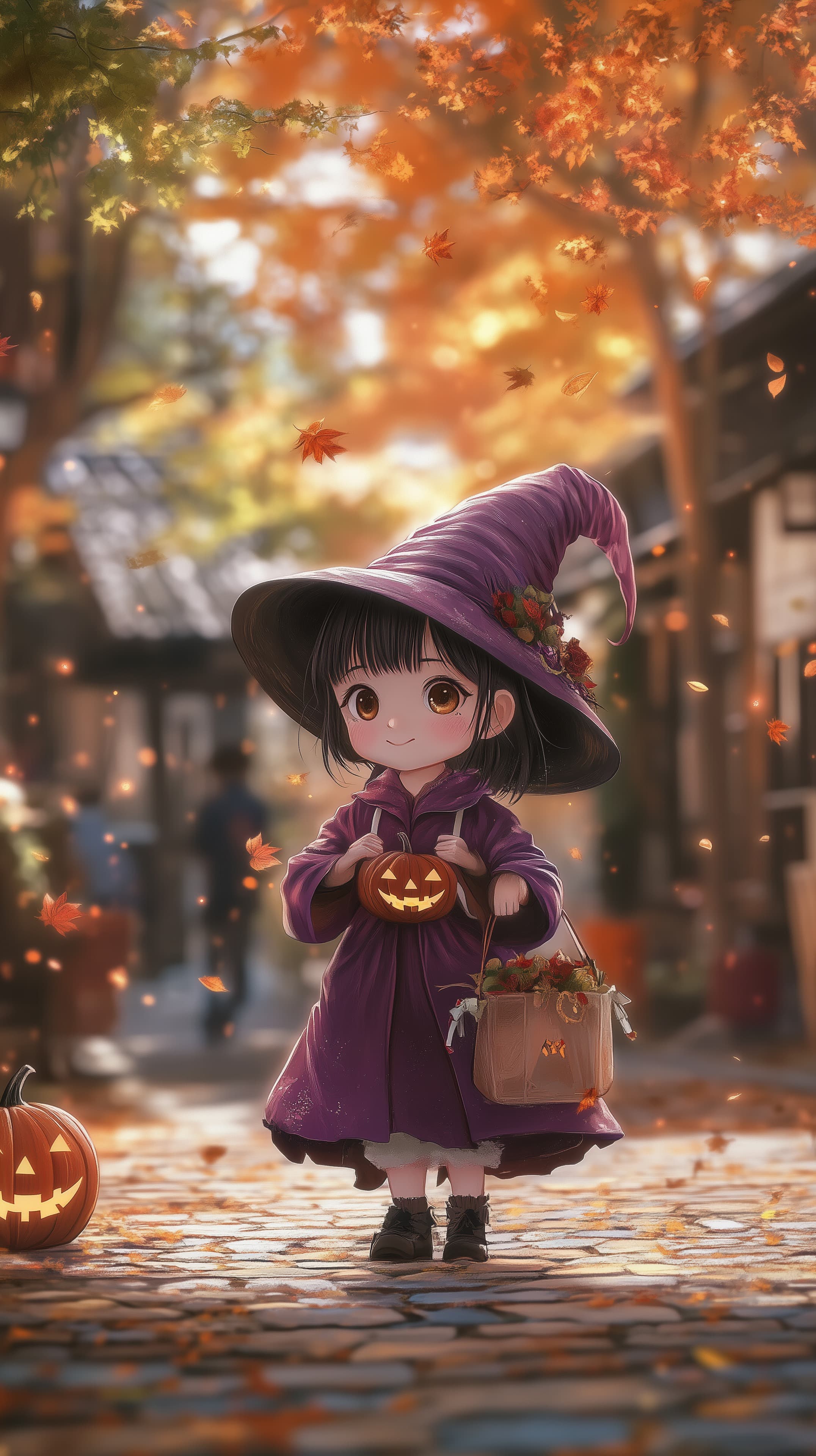 Whimsical Autumn Witch Girl in Cozy Halloween Scene - High Resolution anime-art Wallpaper for Mobile and Desktop