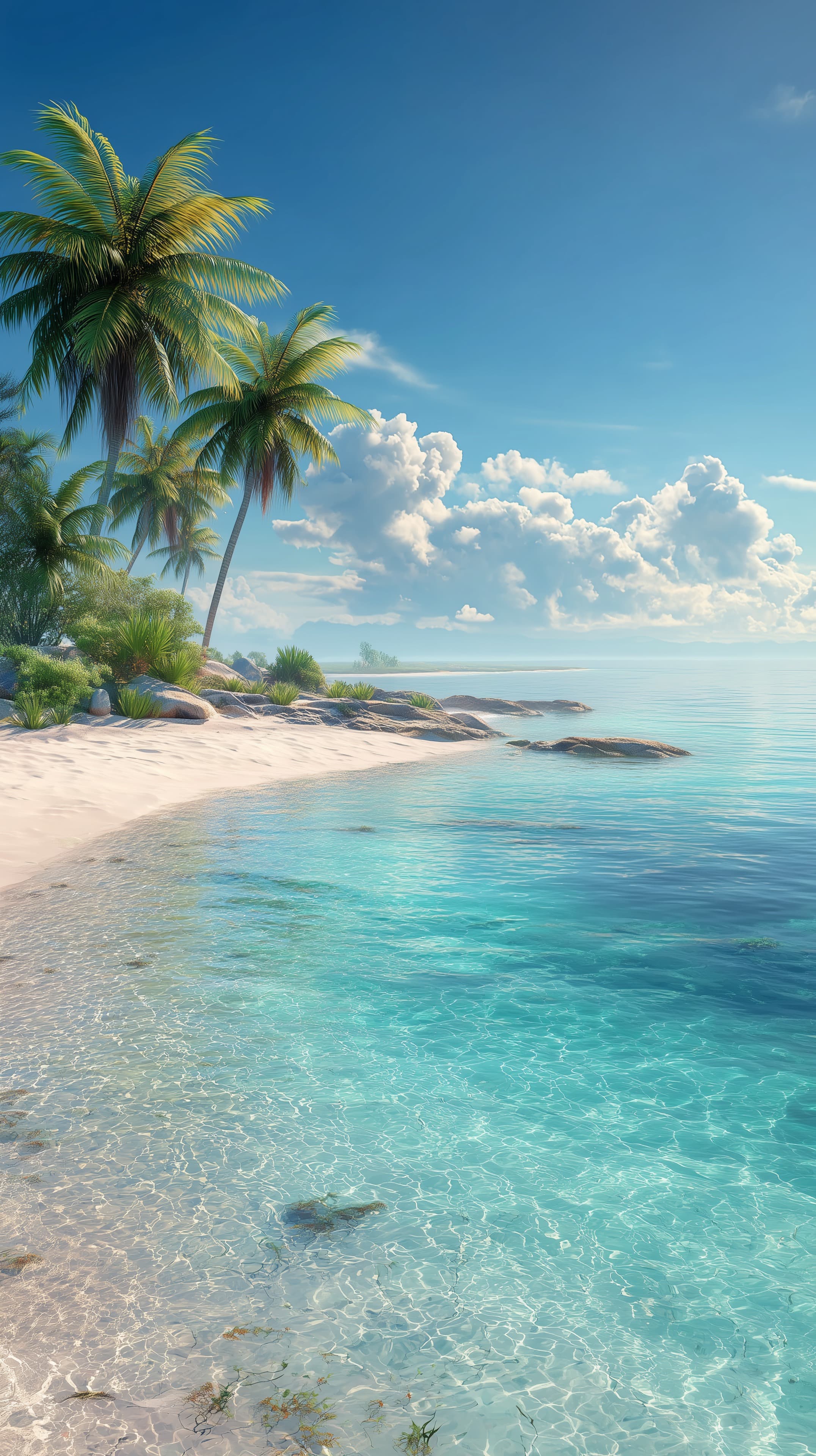 Tropical Beach Paradise: Clear Turquoise Waters and Palm Trees - High Resolution beach Wallpaper for Mobile and Desktop