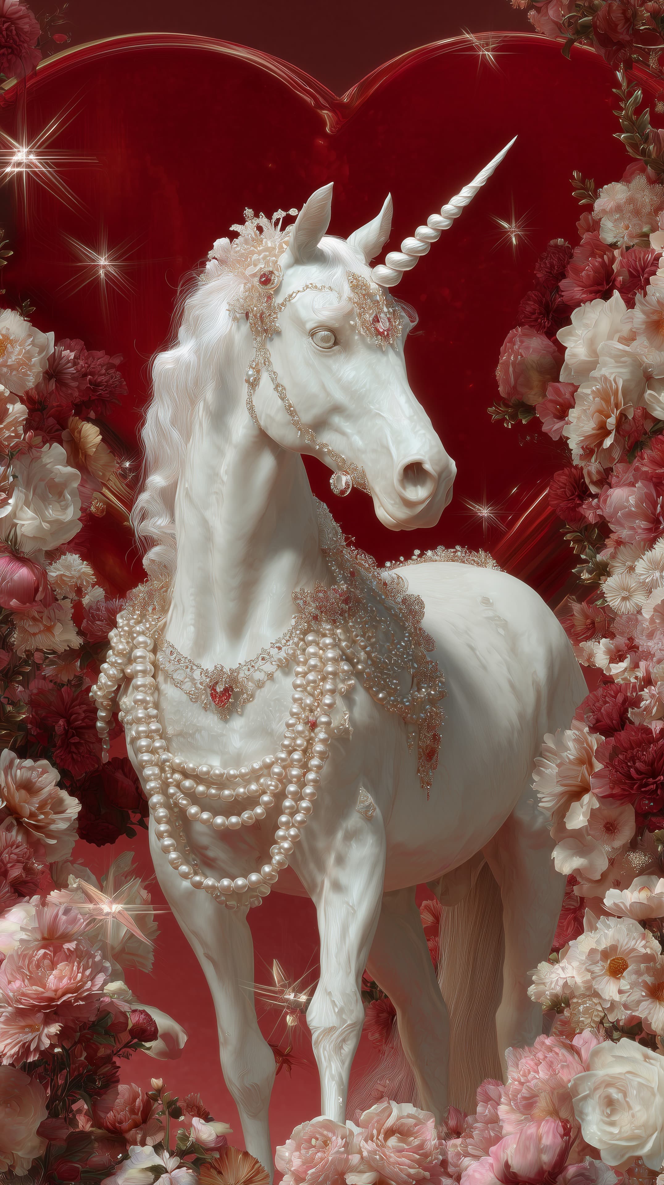 Elegant unicorn statue adorned with pearls among pink roses - High Resolution crimson-background Wallpaper for Mobile and Desktop