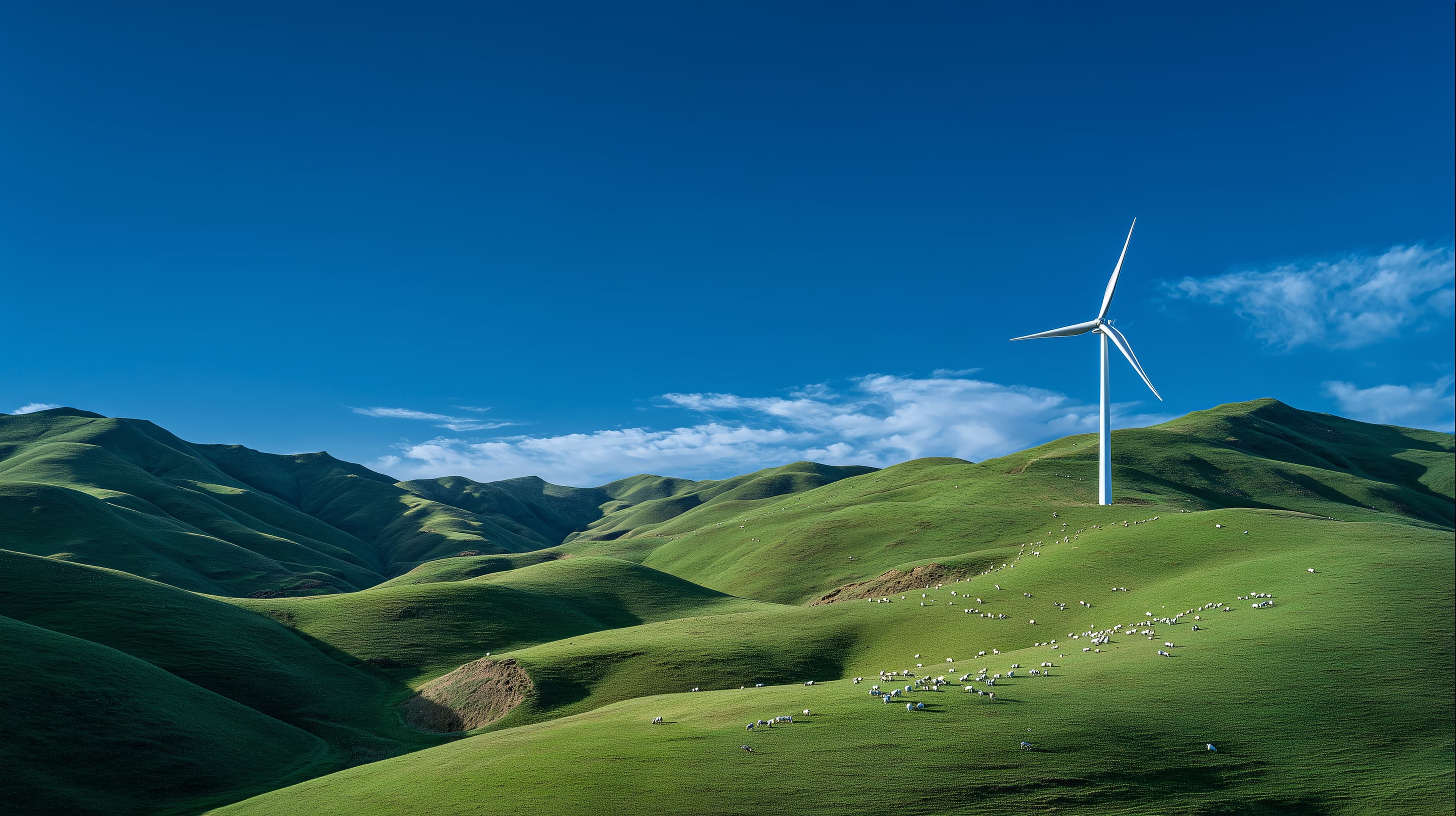 Serene Green Hills Landscape with Wind Turbine under Clear Sky - High Resolution blue-sky Wallpaper for Mobile and Desktop