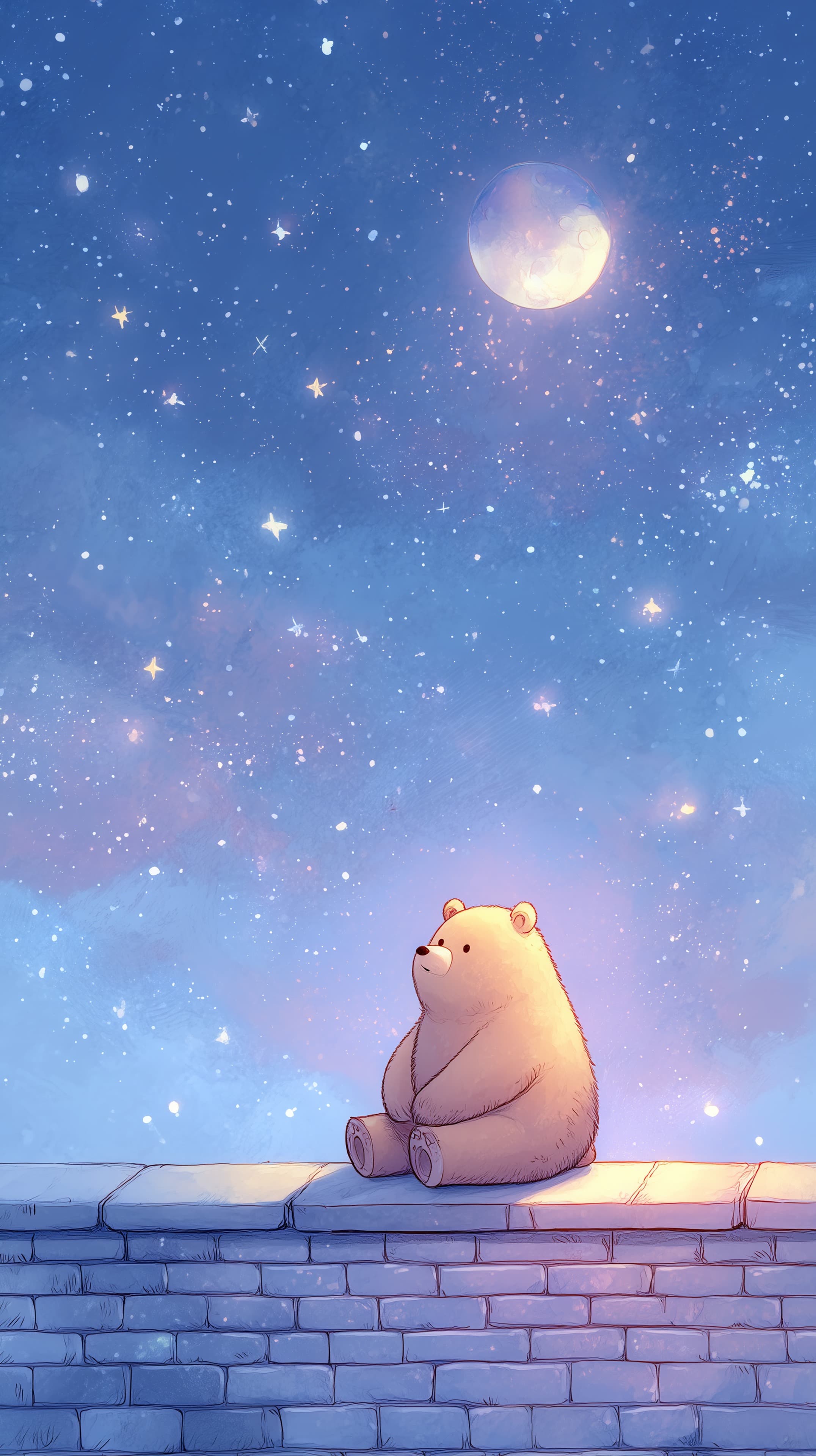Dreamy Night Bear on Stone Wall Under a Starry Sky - High Resolution bear Wallpaper for Mobile and Desktop