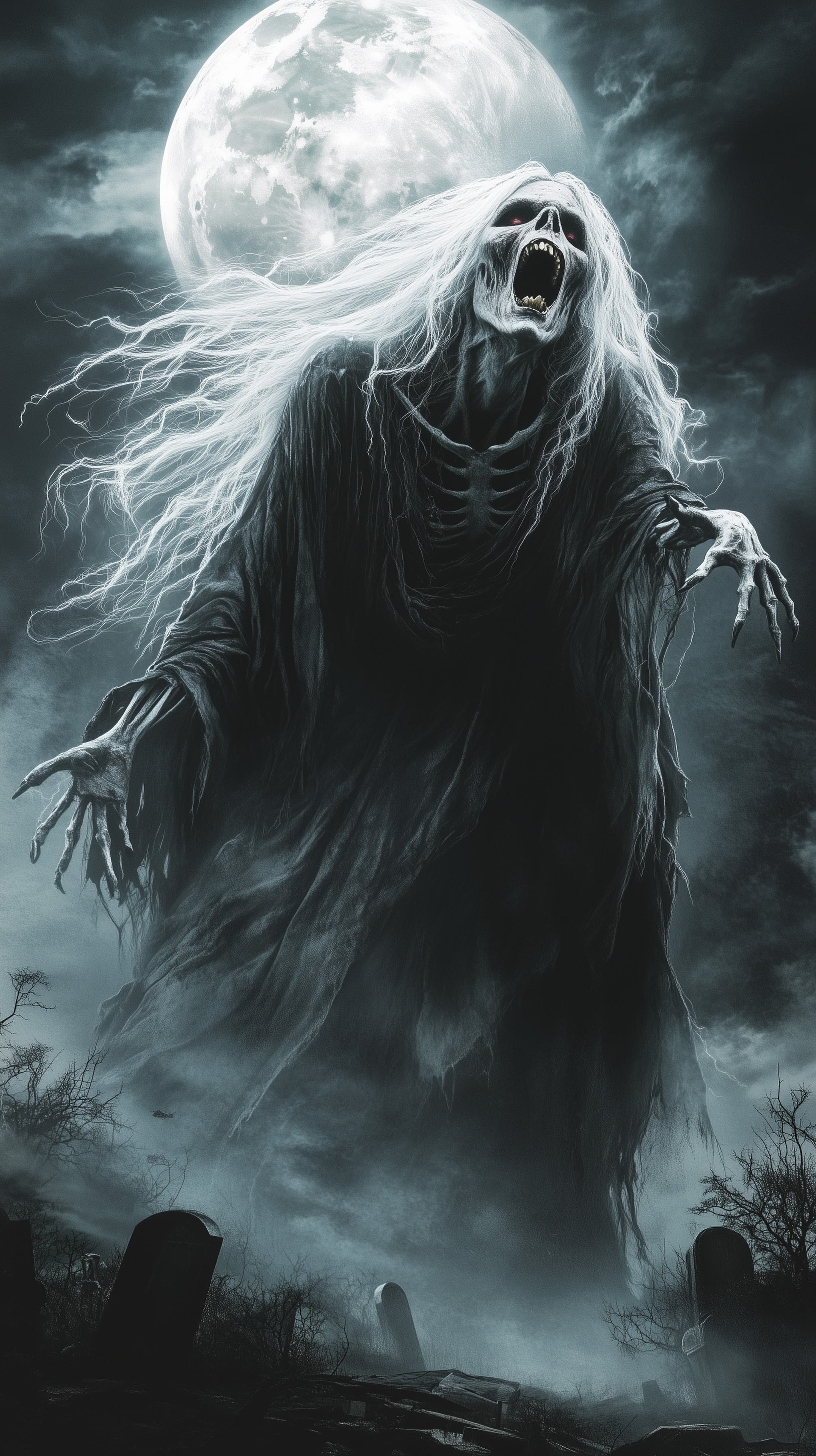 Moonlit Ghost Giant in a Graveyard - Dark Fantasy Artwork - High Resolution dark-fantasy Wallpaper for Mobile and Desktop