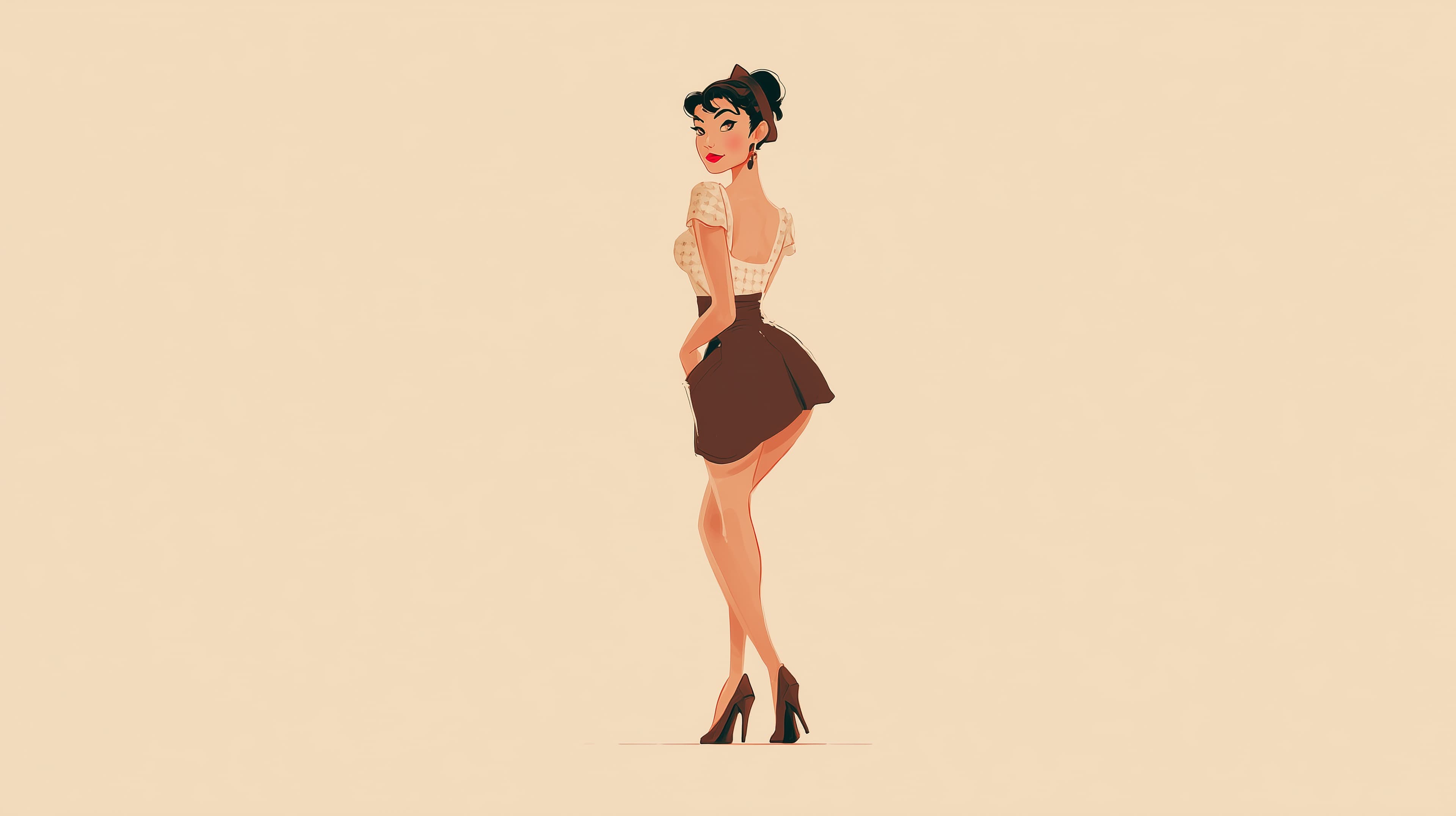 Retro pin-up style illustration of a chic woman in a brown skirt - High Resolution beige-background Wallpaper for Mobile and Desktop