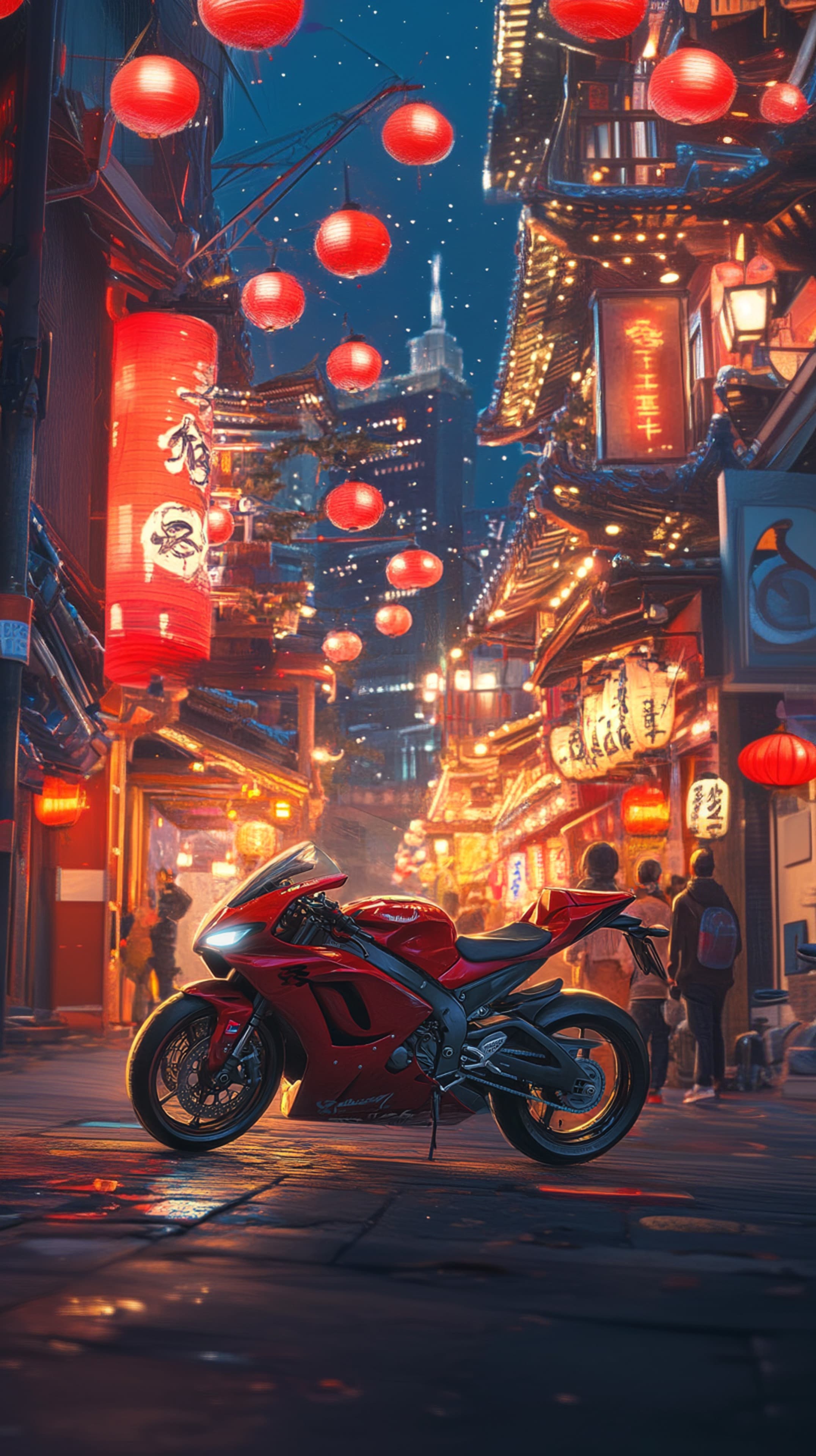Night City Street with Red Lanterns and Sport Motorcycle - High Resolution night-street Wallpaper for Mobile and Desktop