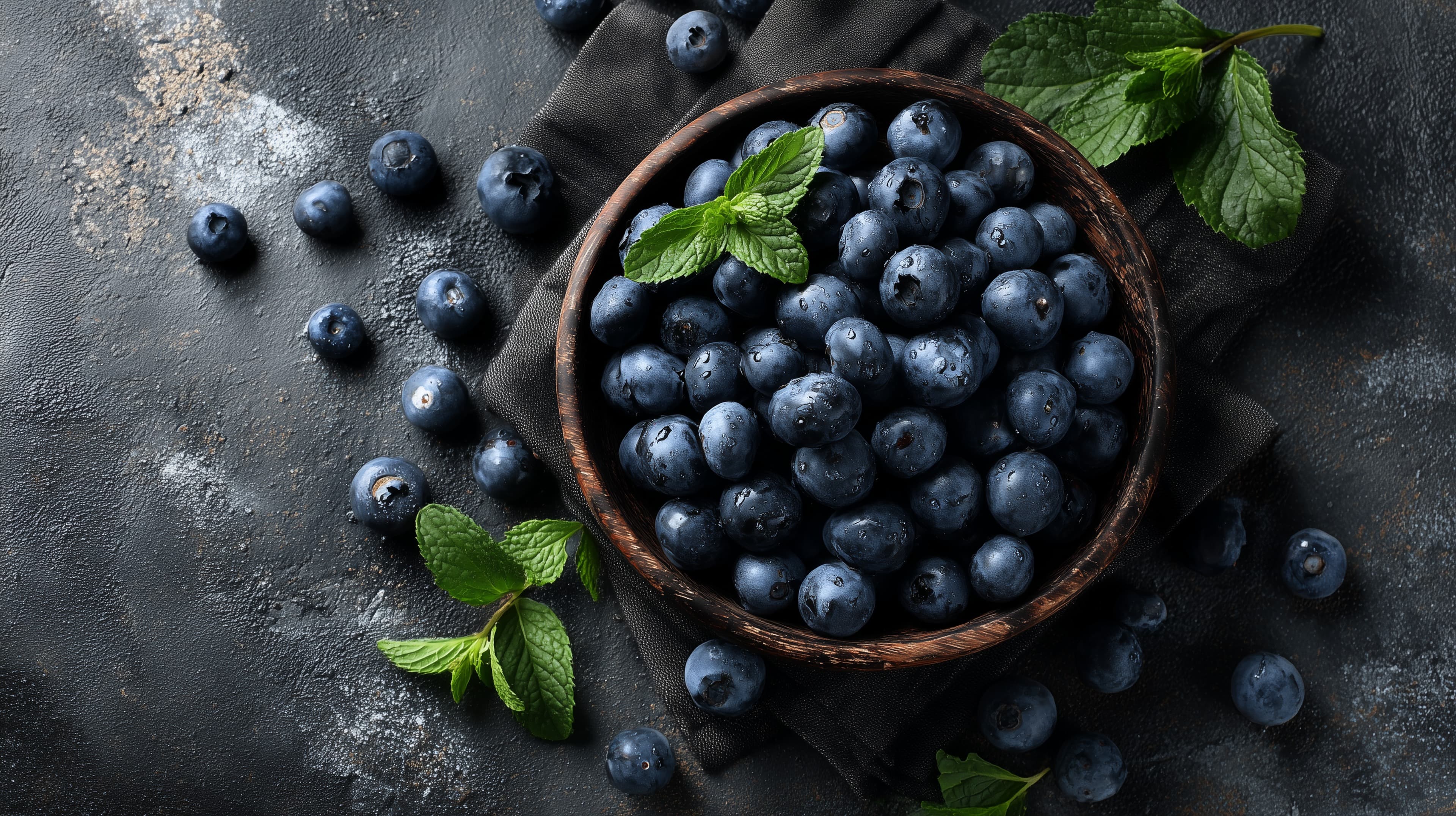 Blueberries in Wooden Bowl: Dark Moody Fruit Wallpaper - High Resolution blueberries Wallpaper for Mobile and Desktop