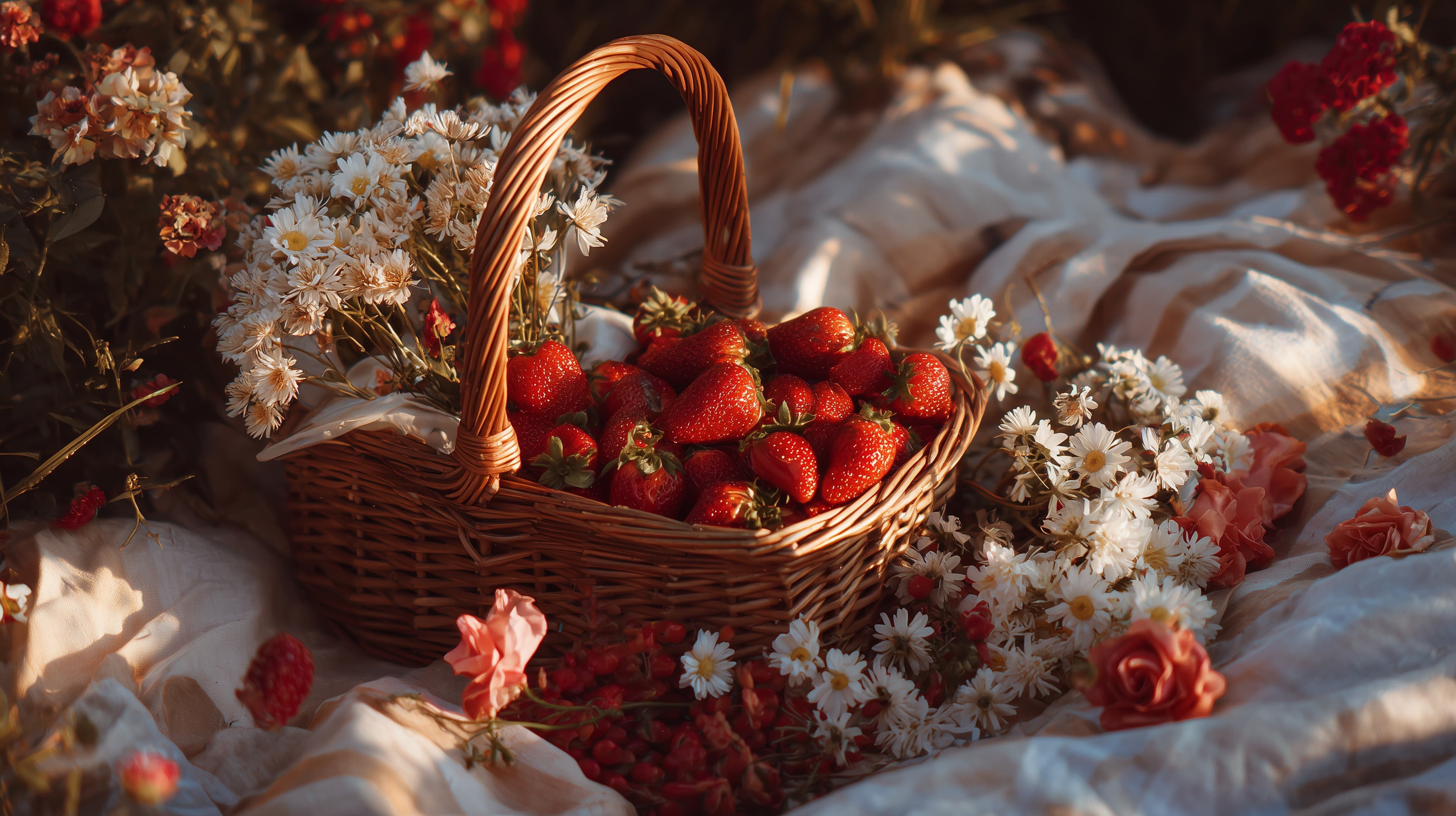 Rustic Basket of Strawberries in Soft Autumn Light - High Resolution basket Wallpaper for Mobile and Desktop