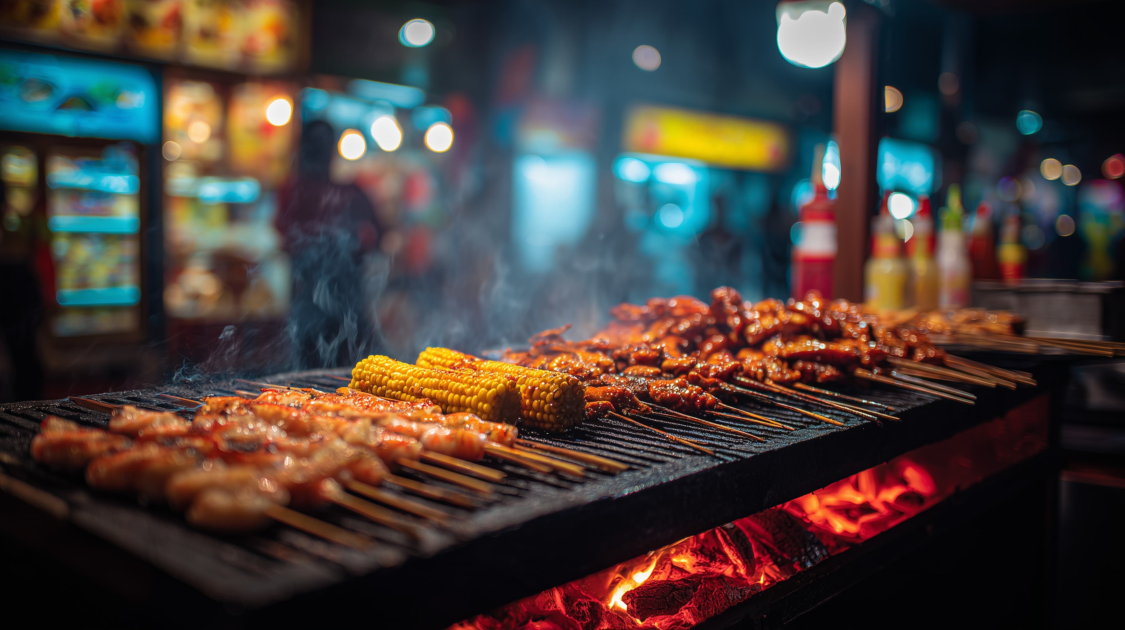 Night Market Grilled Skewers and Corn on Open Flame at Night - High Resolution street-food Wallpaper for Mobile and Desktop