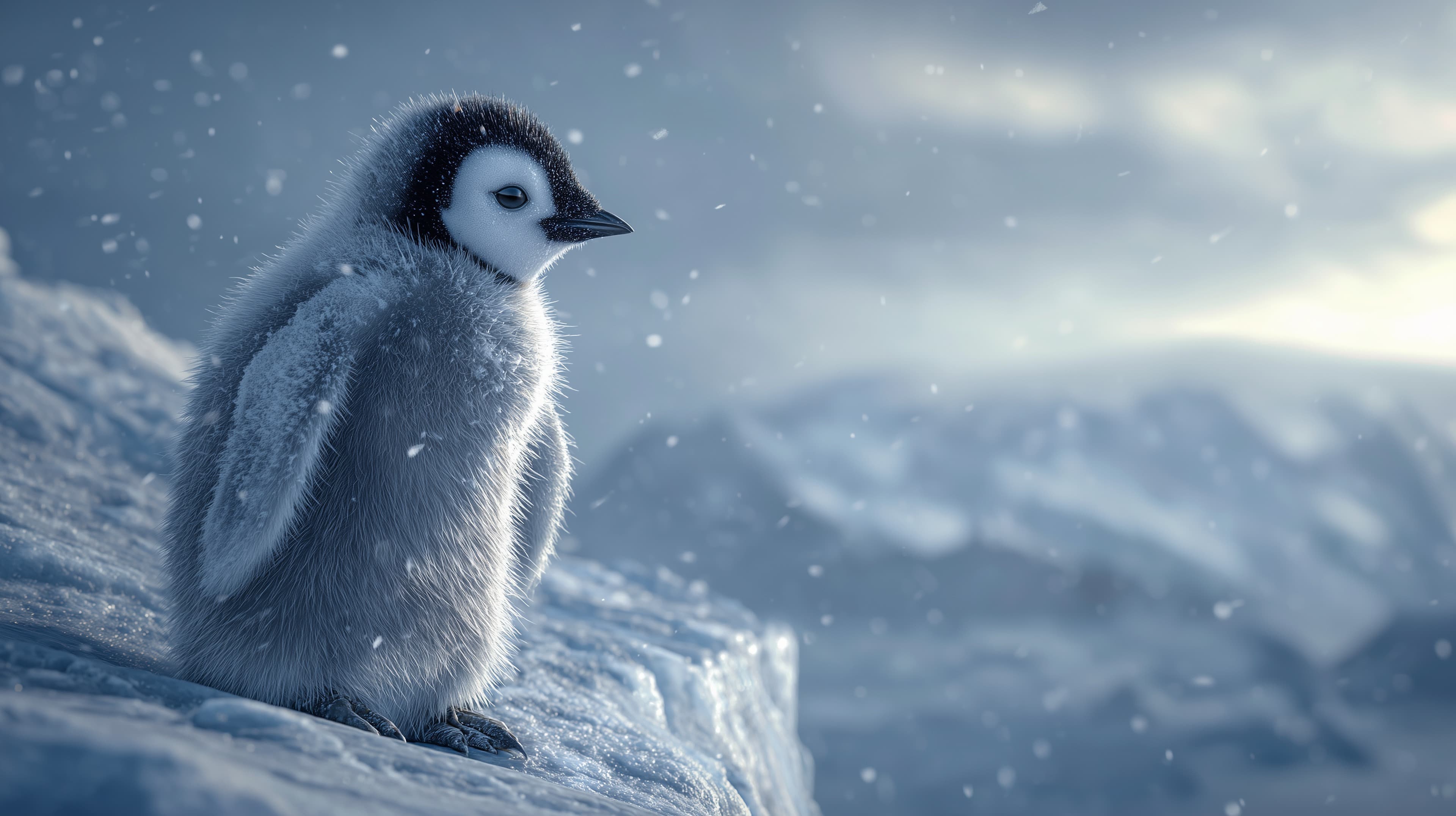 Dreamy Fluffy Penguin Chick on Icy Cliff in Winter Snowscape - High Resolution penguin Wallpaper for Mobile and Desktop