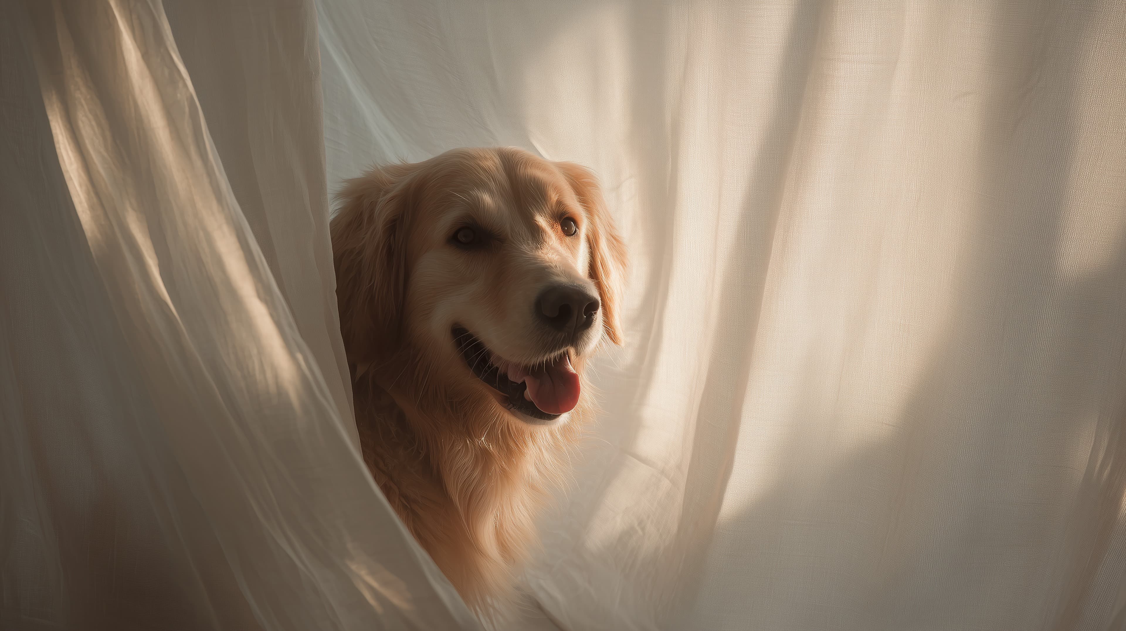 Golden Retriever Peeking Through Soft Curtains - Cozy Wallpaper - High Resolution dog Wallpaper for Mobile and Desktop