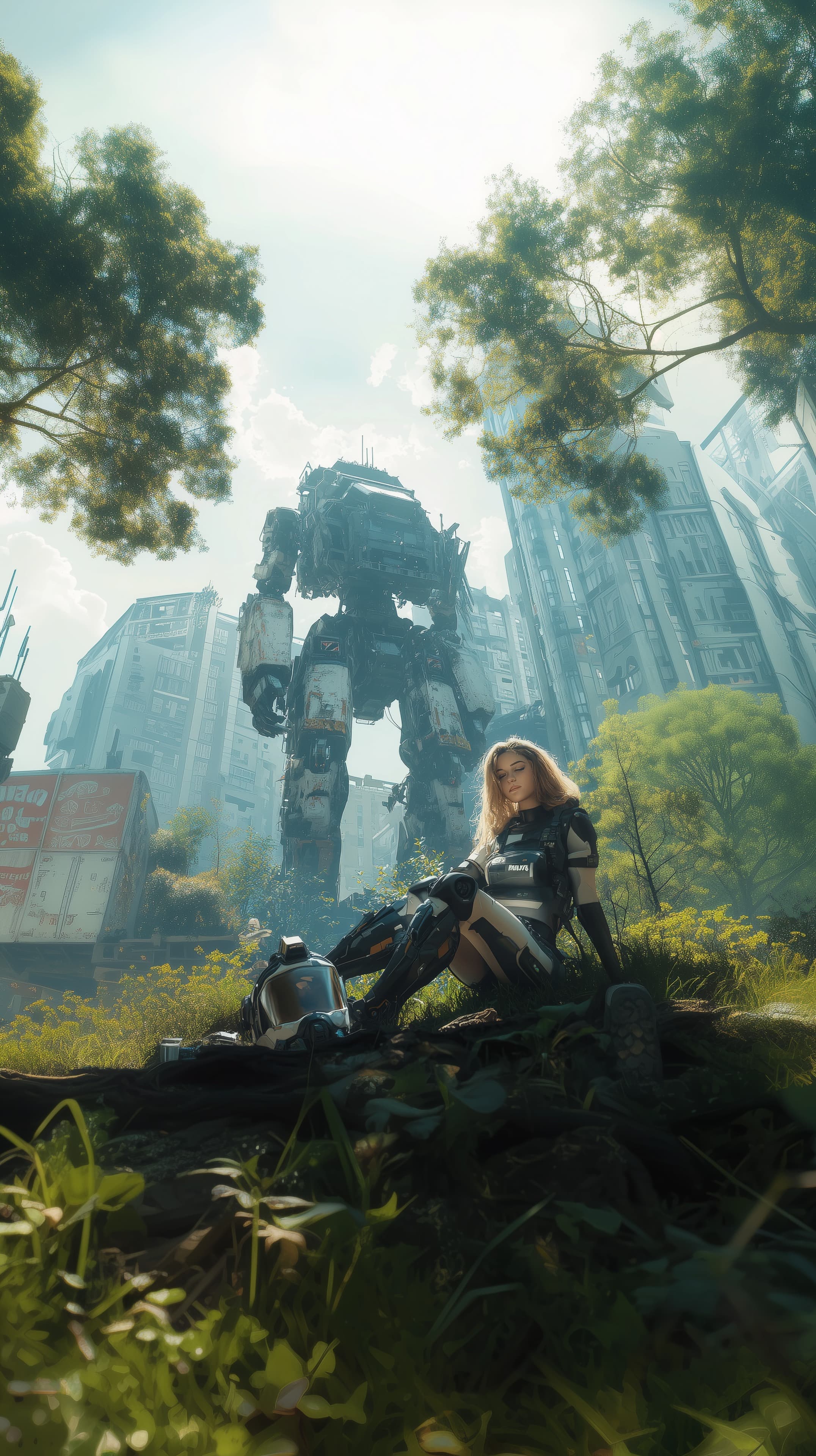 Epic Mecha in Overgrown Futuristic Cityscape with Warrior - High Resolution adventure Wallpaper for Mobile and Desktop