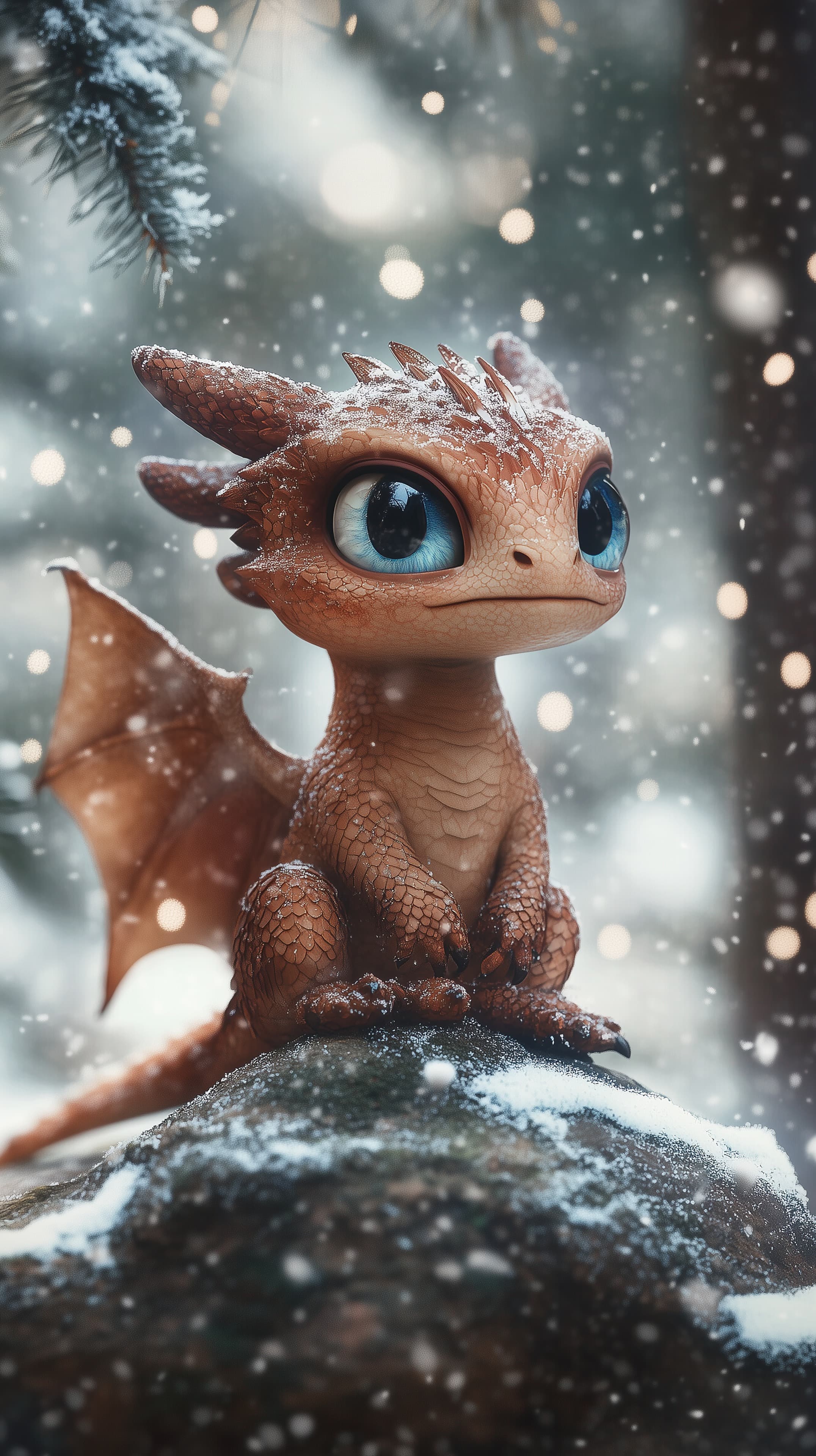 Winter Dragon Cub in Snowfall – Cozy Fantasy Wallpaper - High Resolution blue-eyes Wallpaper for Mobile and Desktop