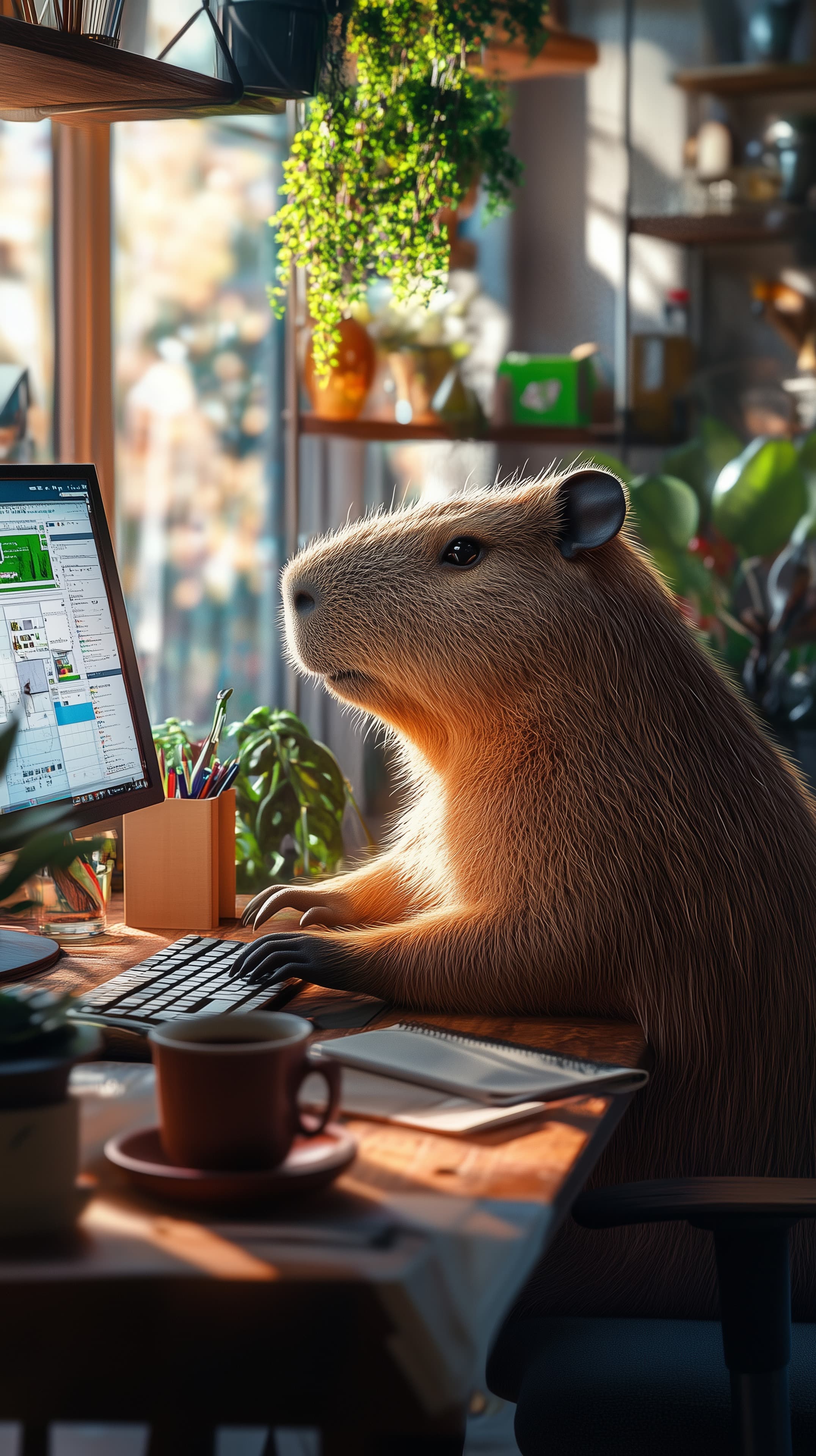 Cozy Office Scene: Capybara at Desk Working on Computer - High Resolution capybara Wallpaper for Mobile and Desktop