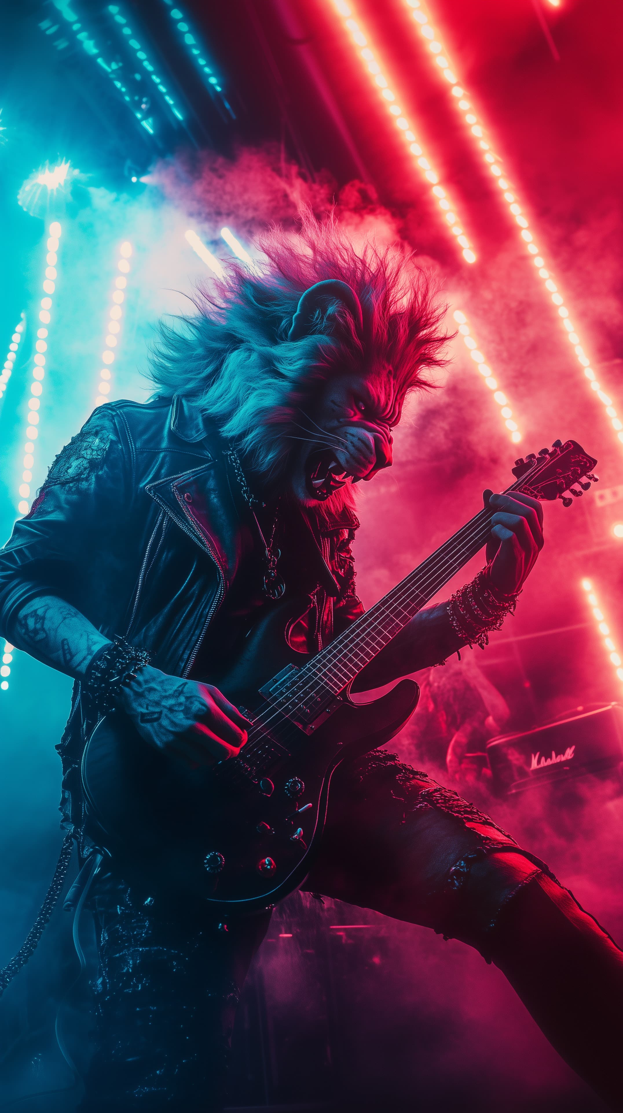 Neon Wolf Guitarist Under Electric Stage Lights in Vapor Fog - High Resolution concert-art Wallpaper for Mobile and Desktop