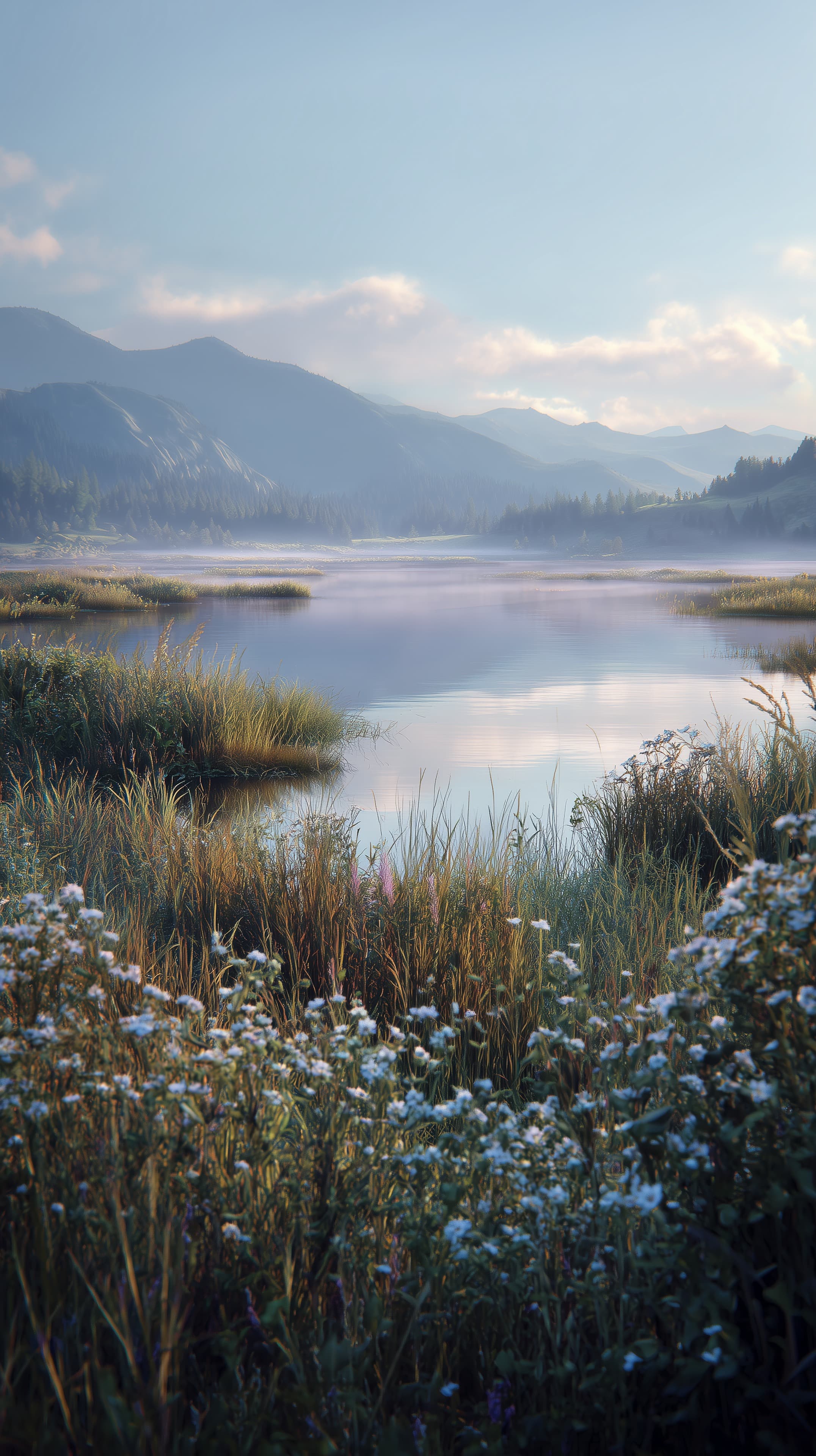 Tranquil Mountain Lake at Dawn with Wildflower Meadow - High Resolution calm-landscape Wallpaper for Mobile and Desktop