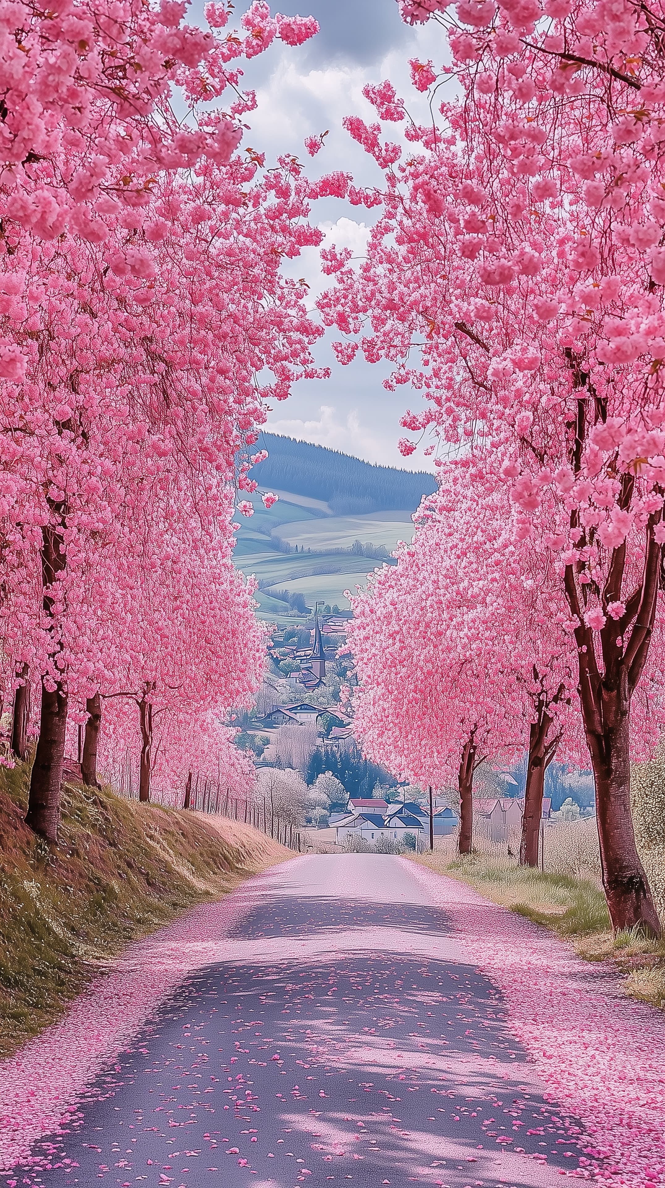 Pink Blossom Lane: Serene Road Through Spring Cherry Trees - High Resolution cherry-blossom-trees Wallpaper for Mobile and Desktop