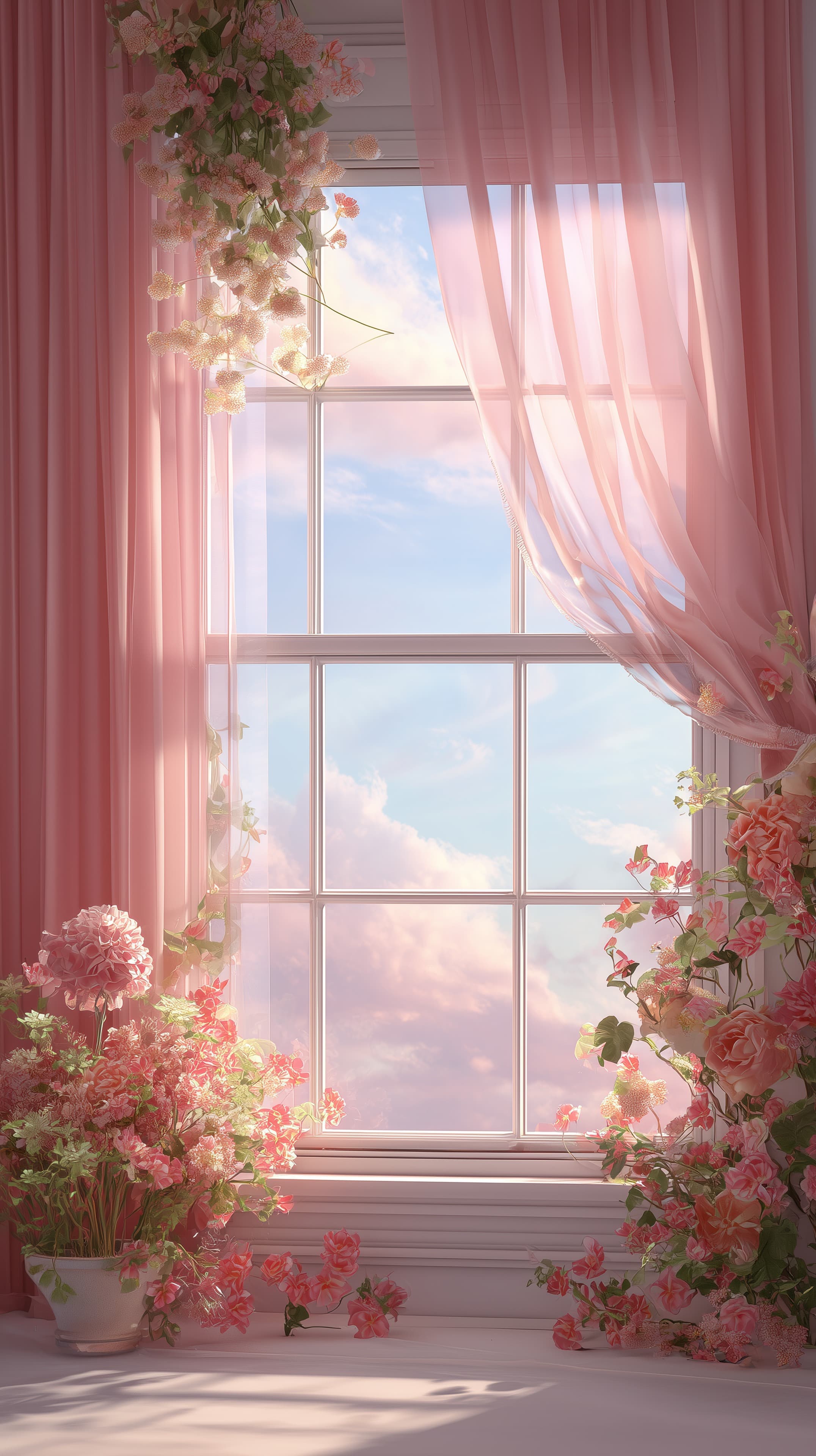 Dreamy Pink Floral Window Scene with Soft Sheer Curtains - High Resolution floral Wallpaper for Mobile and Desktop
