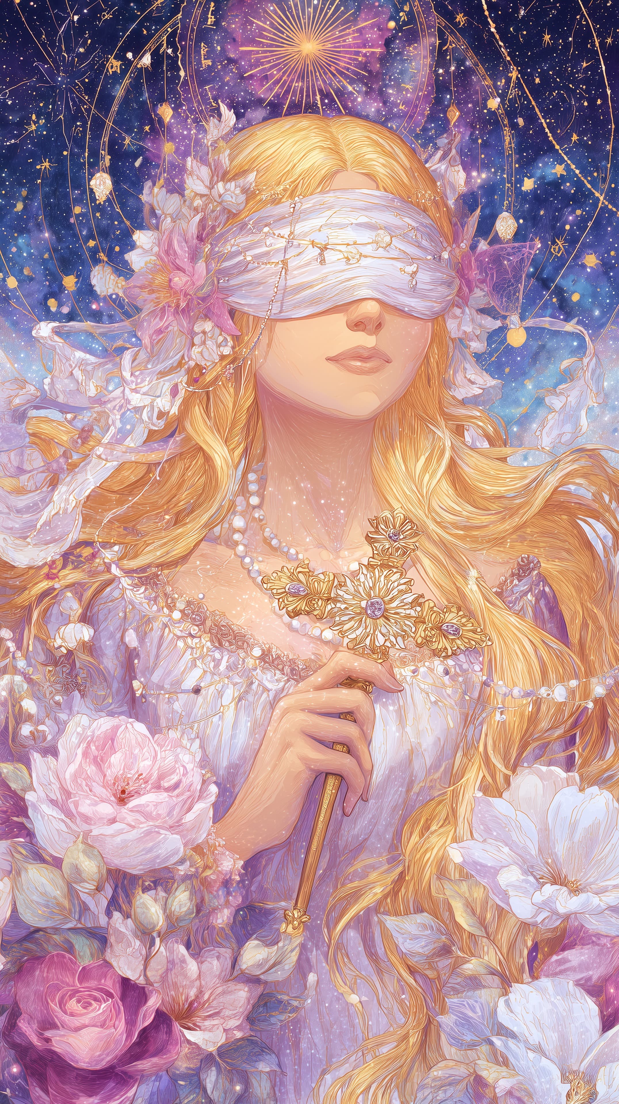 Celestial Florals: Blindfolded Goddess Portrait Wallpaper - High Resolution celestial Wallpaper for Mobile and Desktop