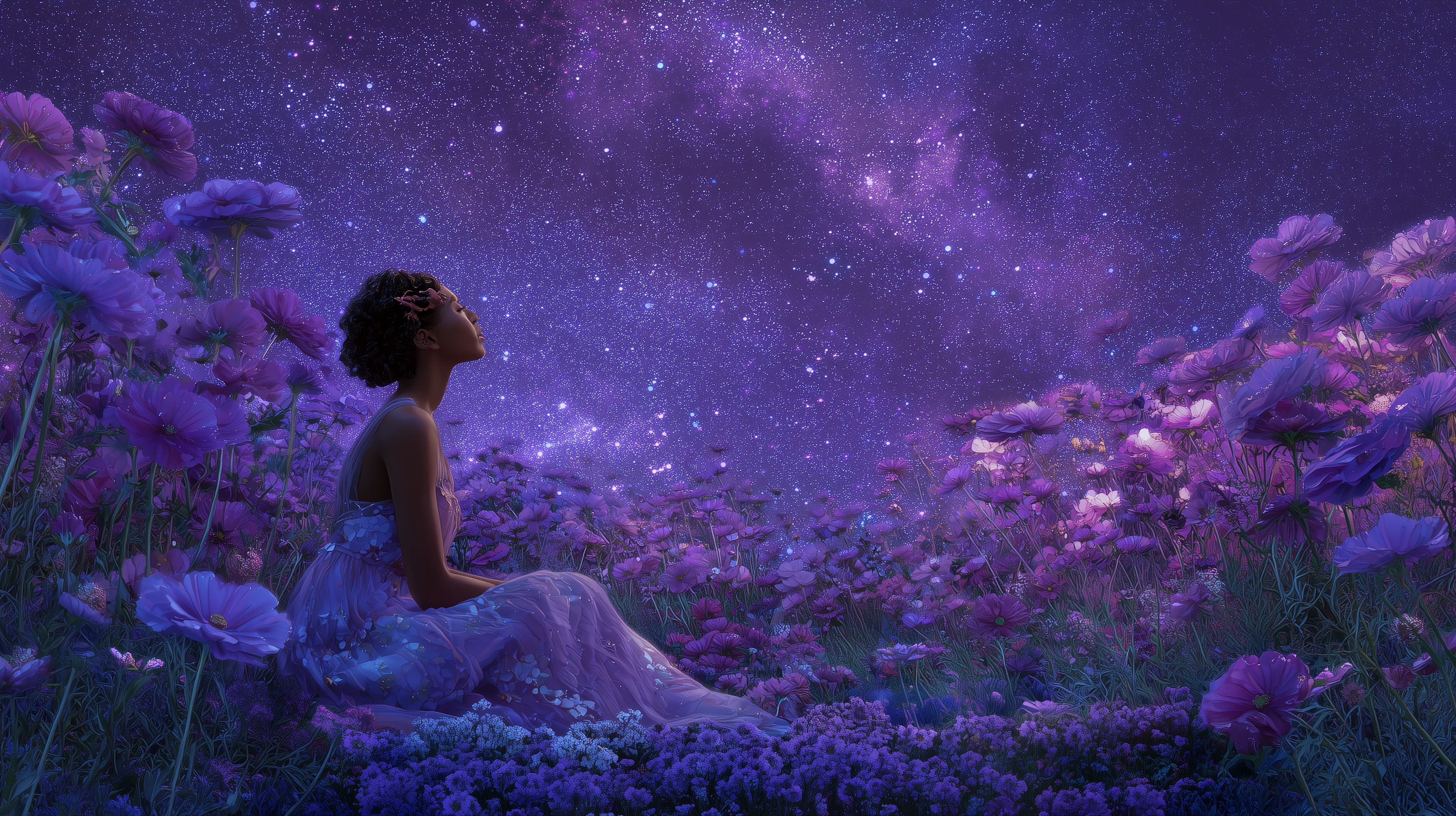 Dreamy Purple Night Garden Wallpaper with Starry Sky - High Resolution cinematic-art Wallpaper for Mobile and Desktop