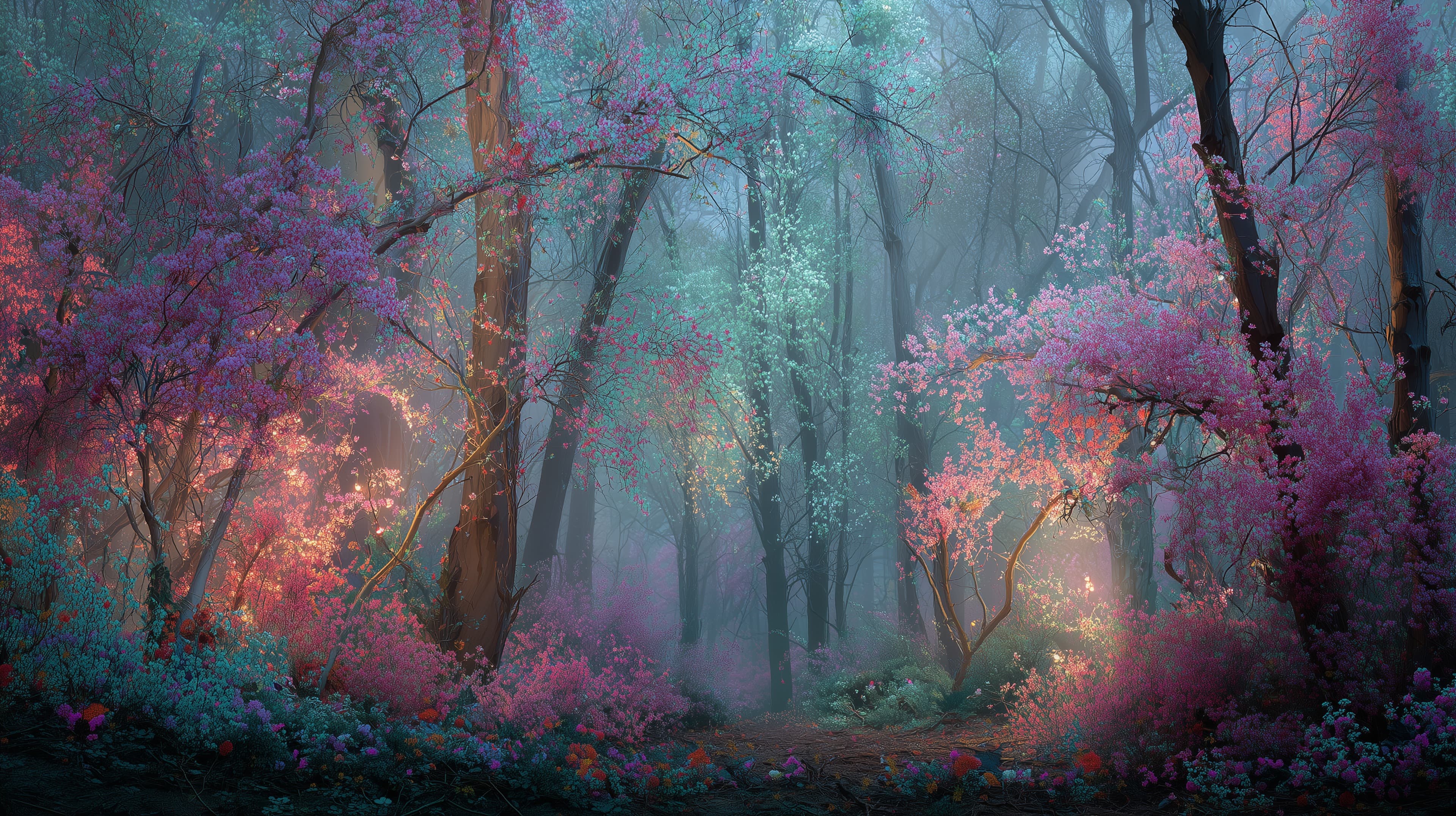 Enchanted Forest Neon Blossoms in Dreamy Mist Wallpaper - High Resolution colorful-light Wallpaper for Mobile and Desktop
