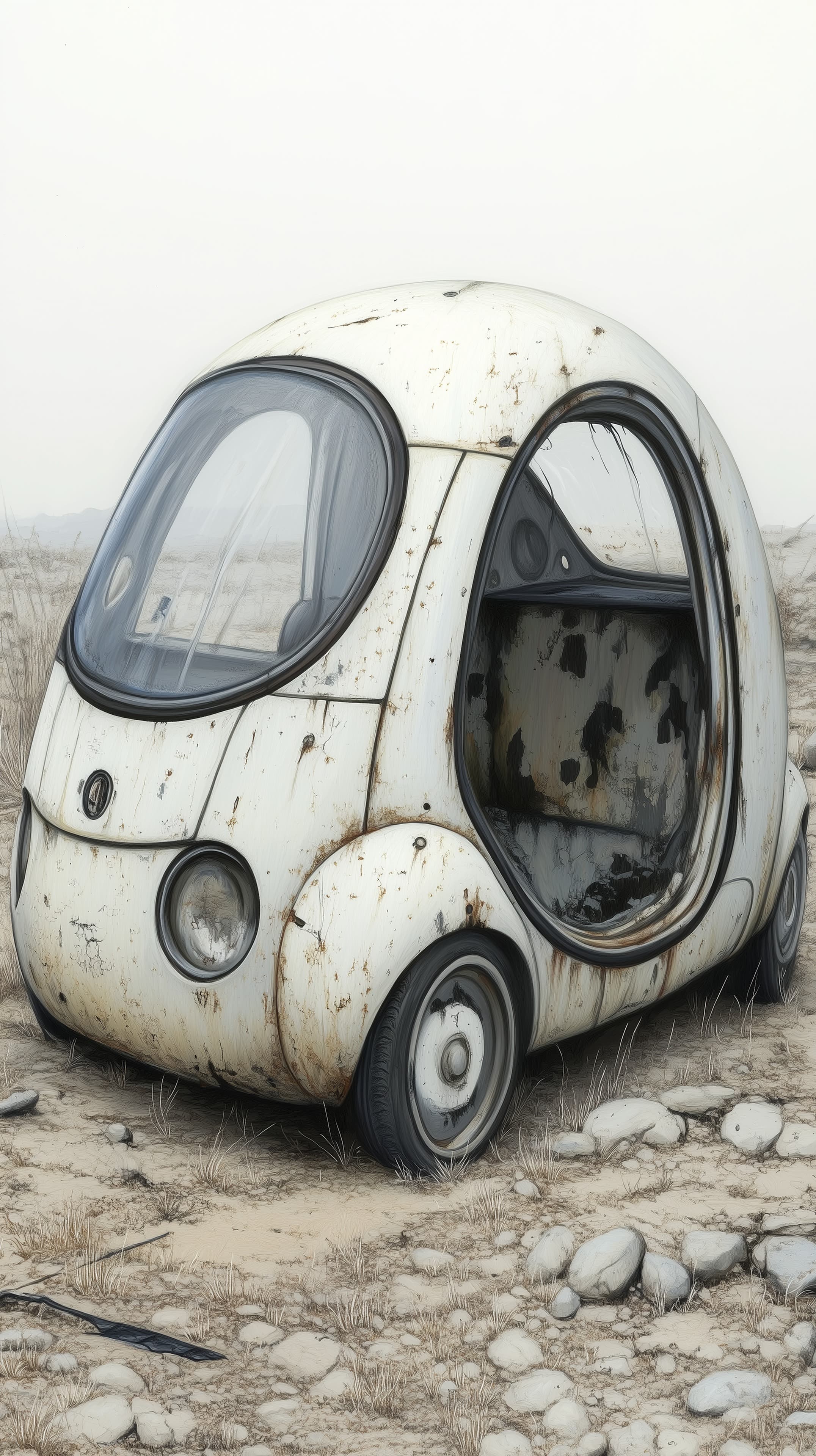 Rusty Bubble Car in Desolate Desert Landscape with Weathered Exterior - High Resolution abandoned-vehicle Wallpaper for Mobile and Desktop