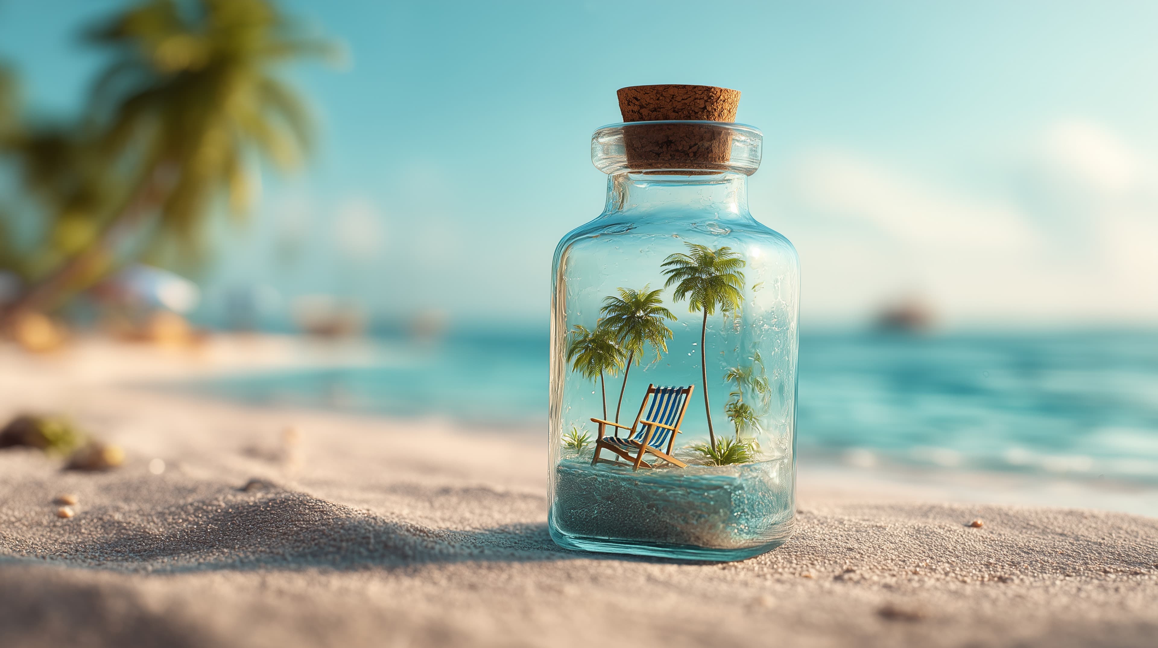 Whimsical Beach Scene Encased in a Glass Bottle with Palm Trees - High Resolution beach Wallpaper for Mobile and Desktop