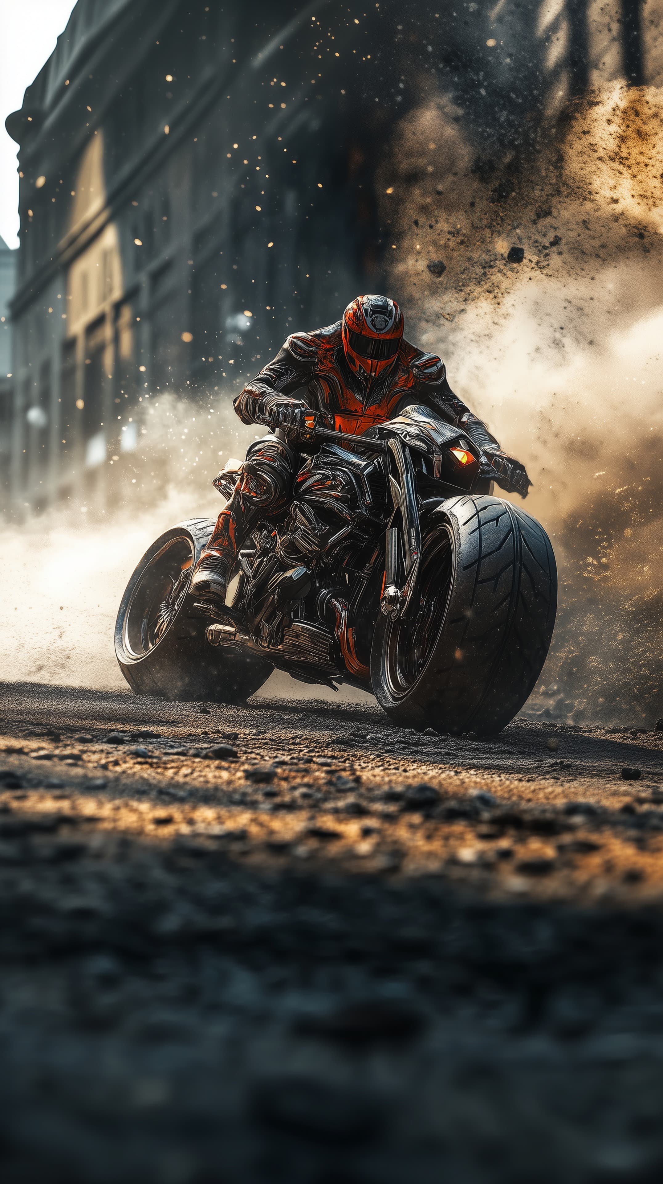 Dynamic Urban Motorcycle Stunt Wallpaper with Dust Trail - High Resolution action Wallpaper for Mobile and Desktop