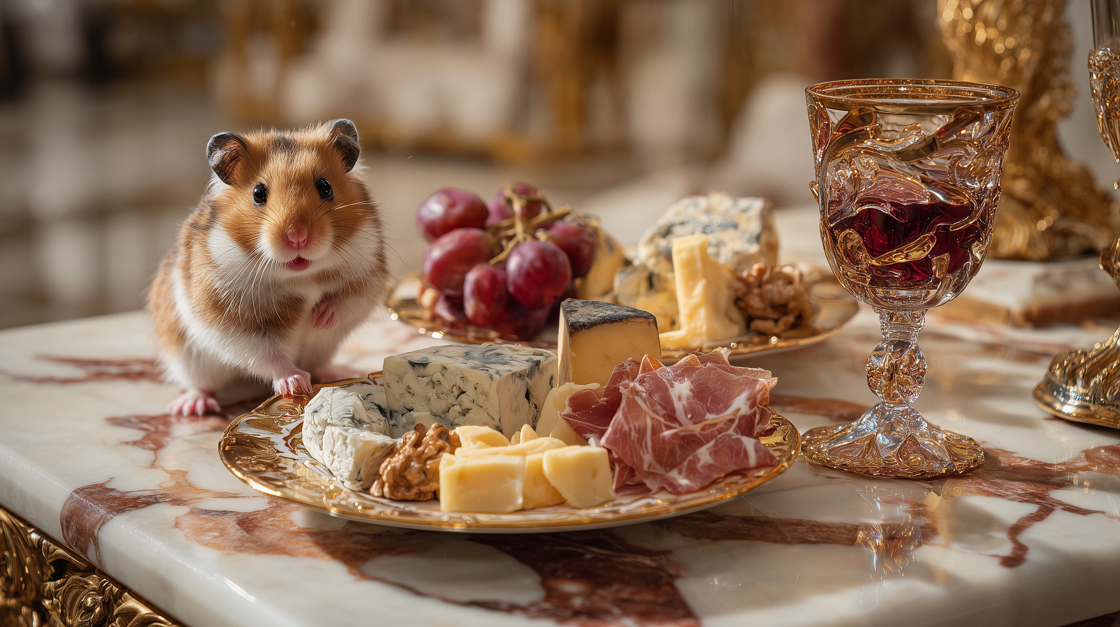 Charming Hamster by Gourmet Cheese Platter on Marble Table - High Resolution hamster Wallpaper for Mobile and Desktop