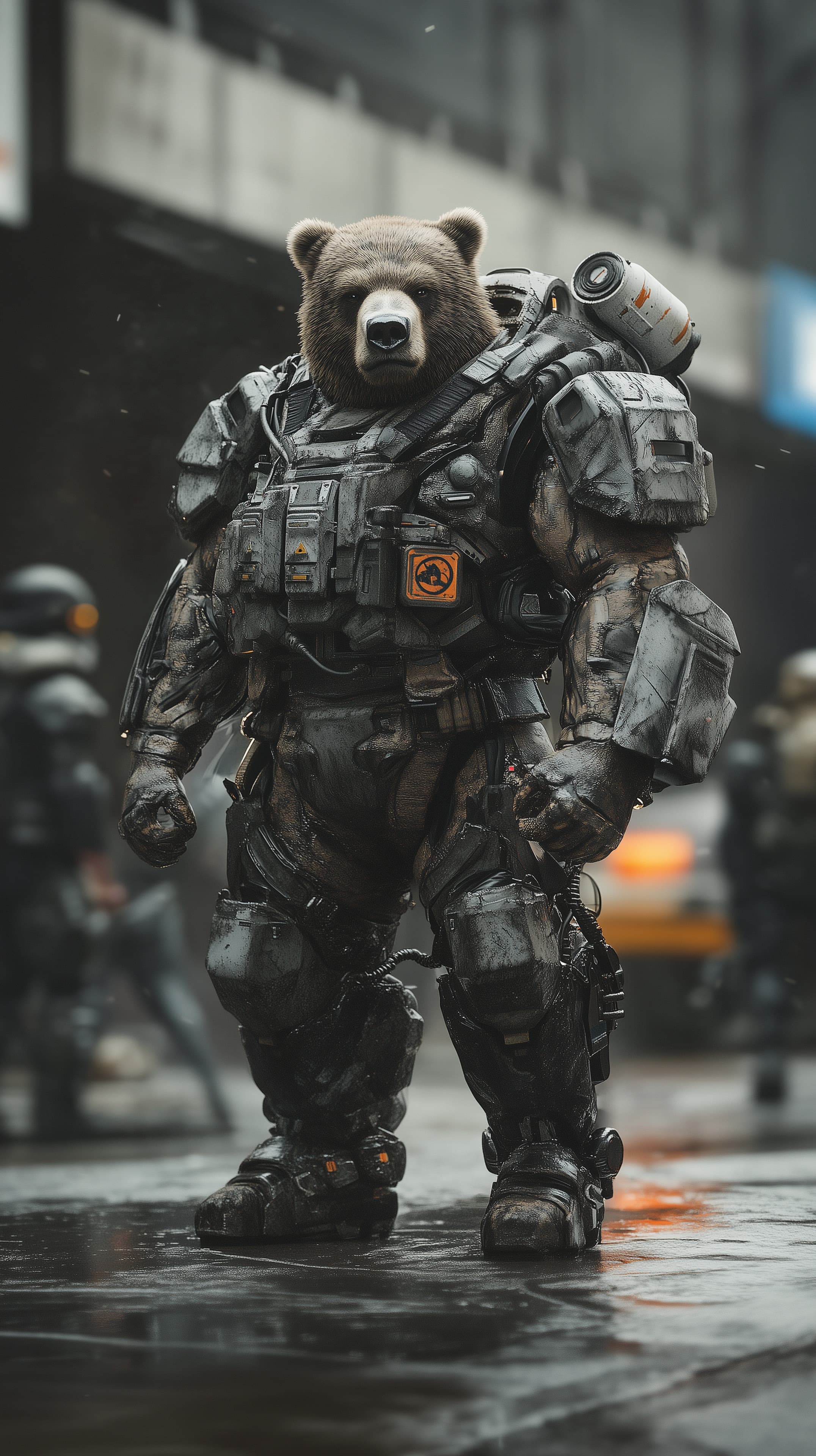 Futuristic Armored Bear in a City-Frame Combat Exosuit - High Resolution armor Wallpaper for Mobile and Desktop