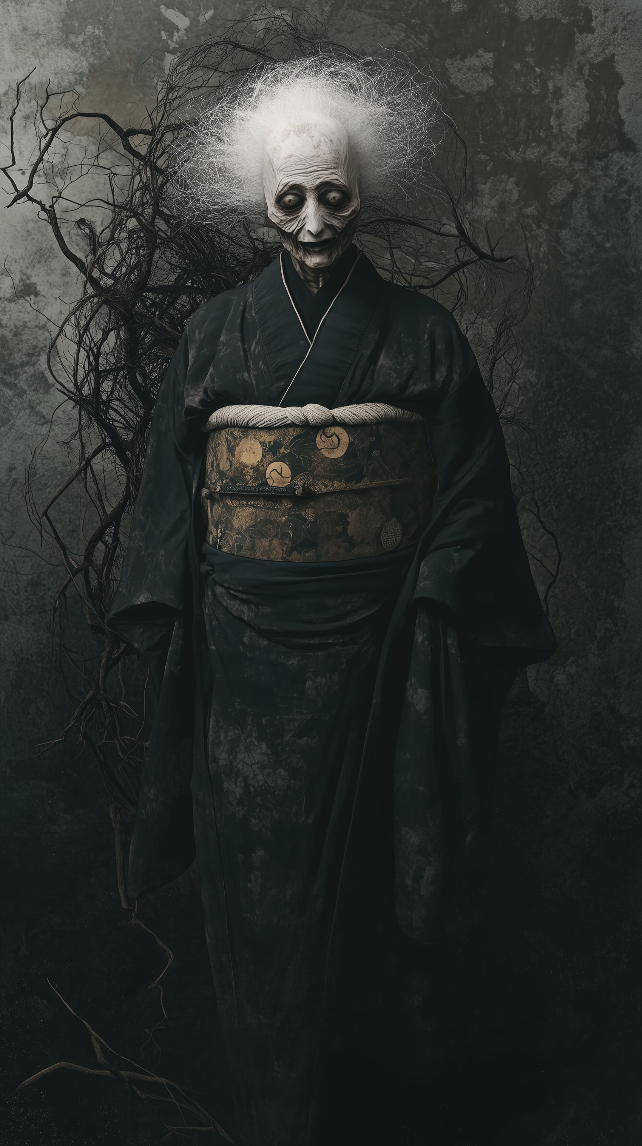 Ethereal Kimono Ghost Portrait in a Dark, Weathered Studio Scene - High Resolution dark-fantasy Wallpaper for Mobile and Desktop