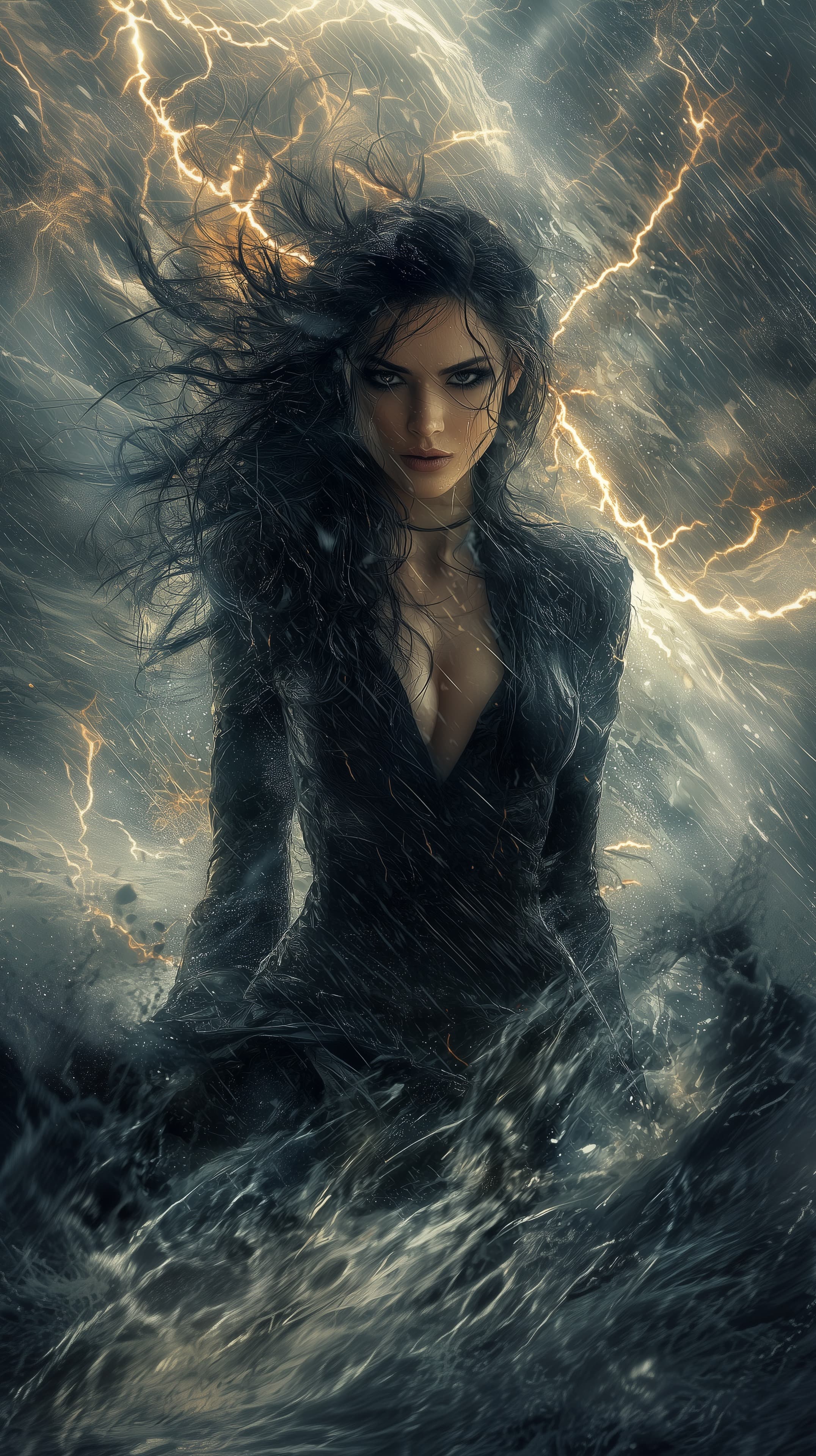 Stormy Night Warrior: Dark Woman Amid Lightning Storm - High Resolution cinematic-art Wallpaper for Mobile and Desktop
