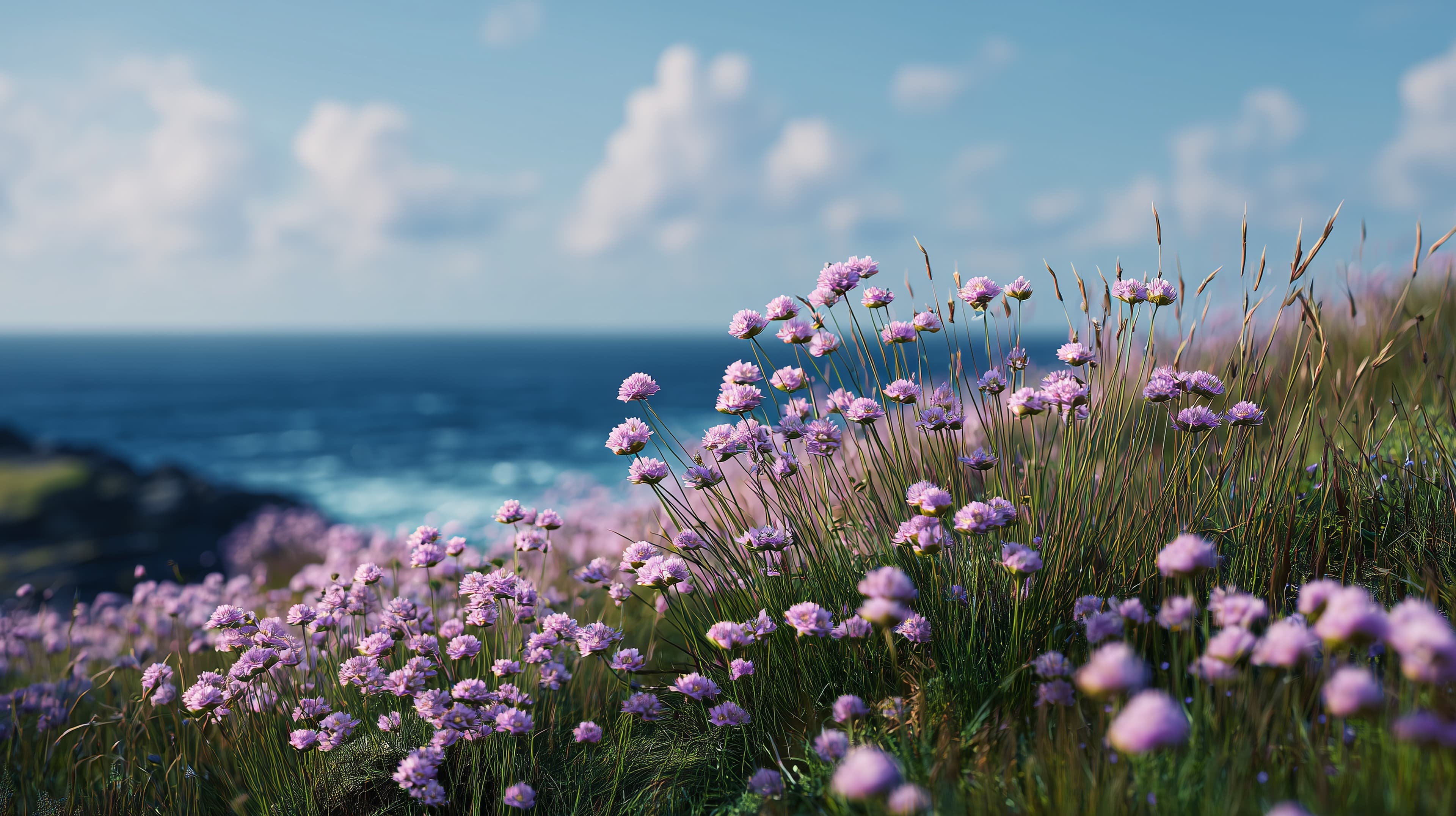 Vibrant purple wildflowers by the sea - coastal nature wallpaper - High Resolution blue-sky Wallpaper for Mobile and Desktop